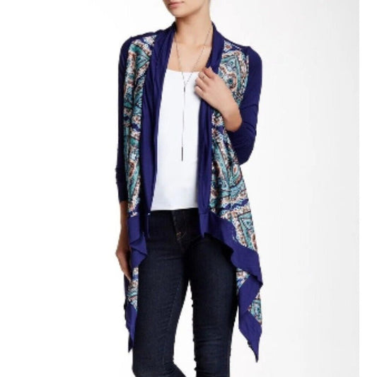 Vertigo Satin High Low Paisley Royal Blue Orange Long Sleeve Drape Cardigan S