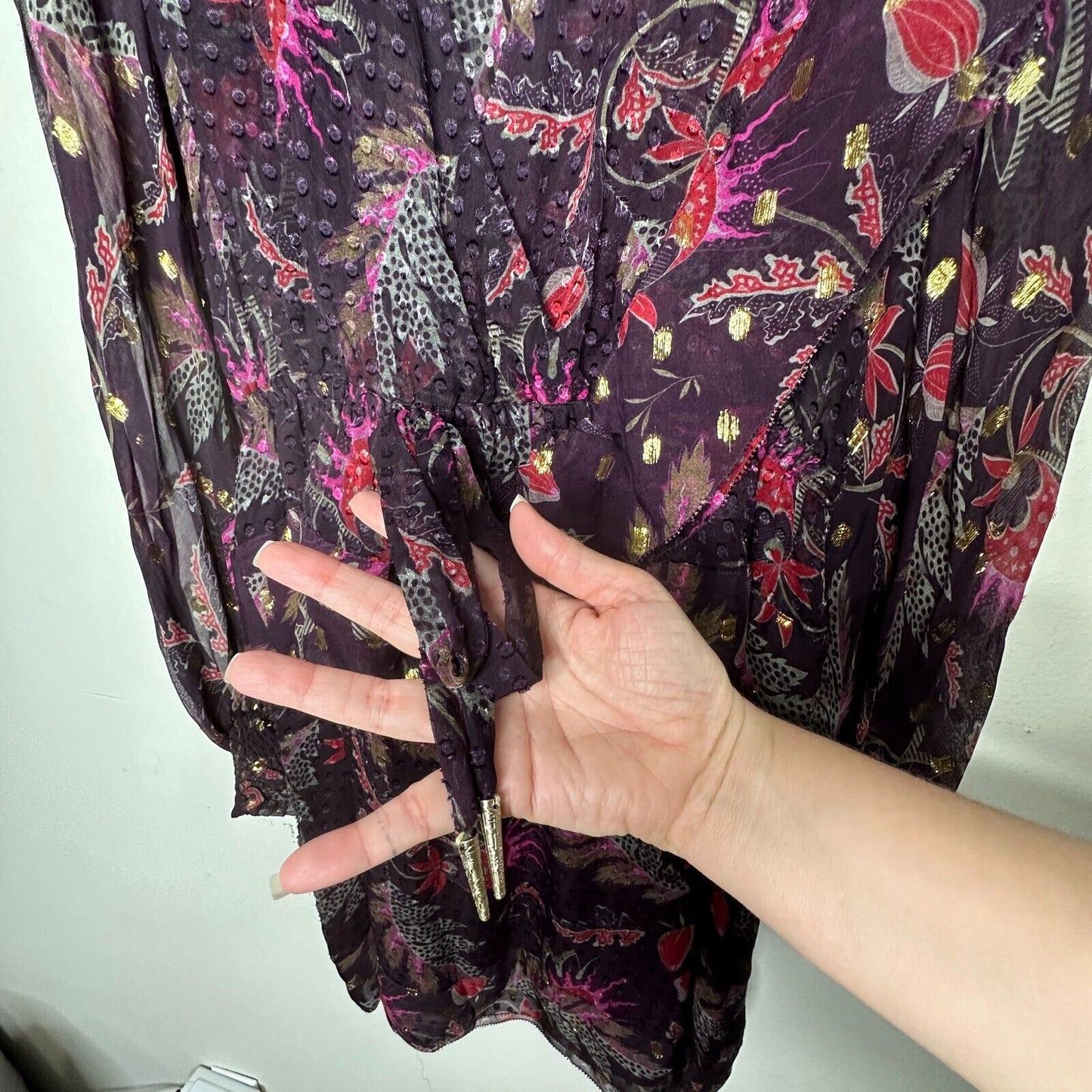 Marchesa Voyage Burgundy 100% Silk Flounce Peplum V Neck Long Sleeve Dress 8