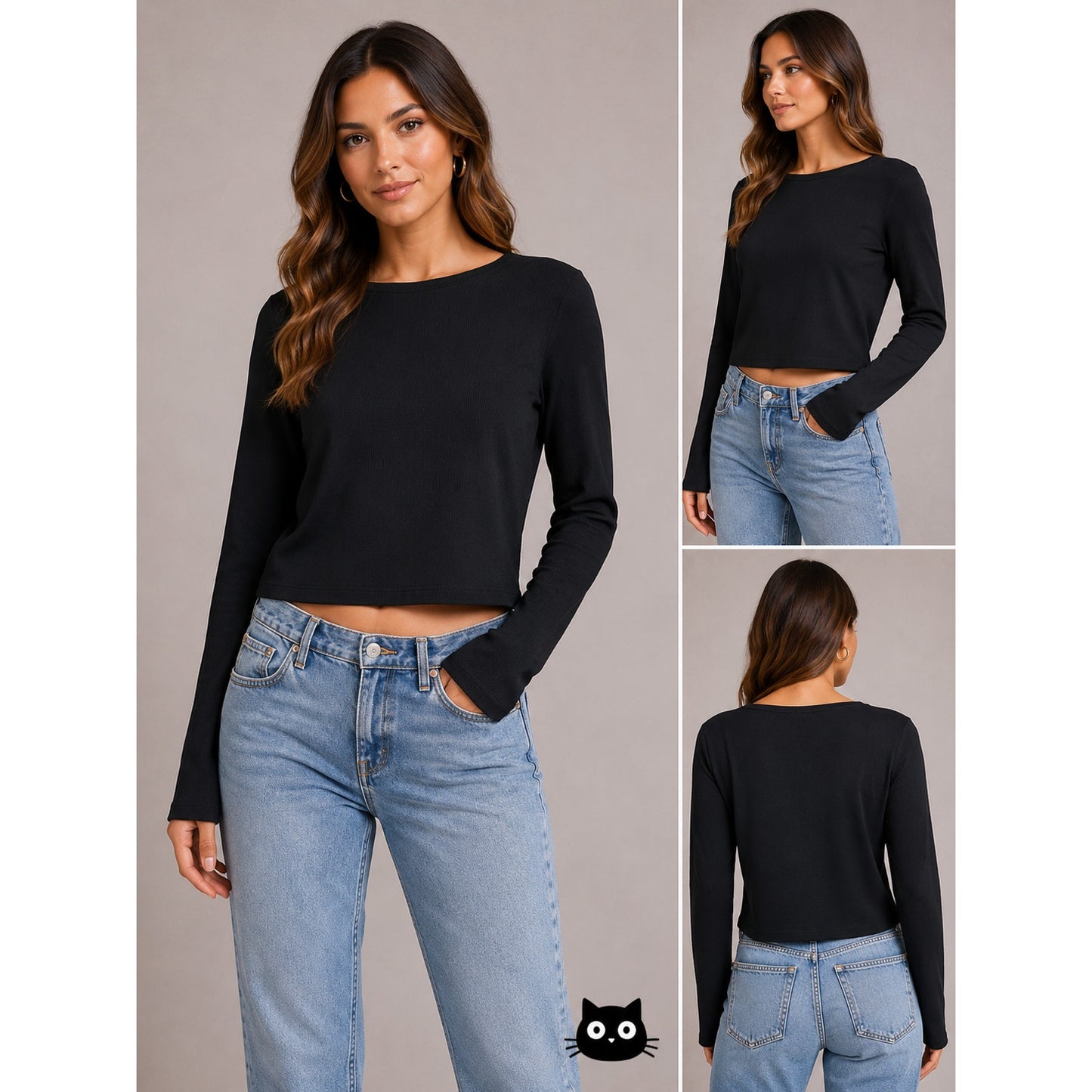 Motel Black Long Sleeve Round Neck Top