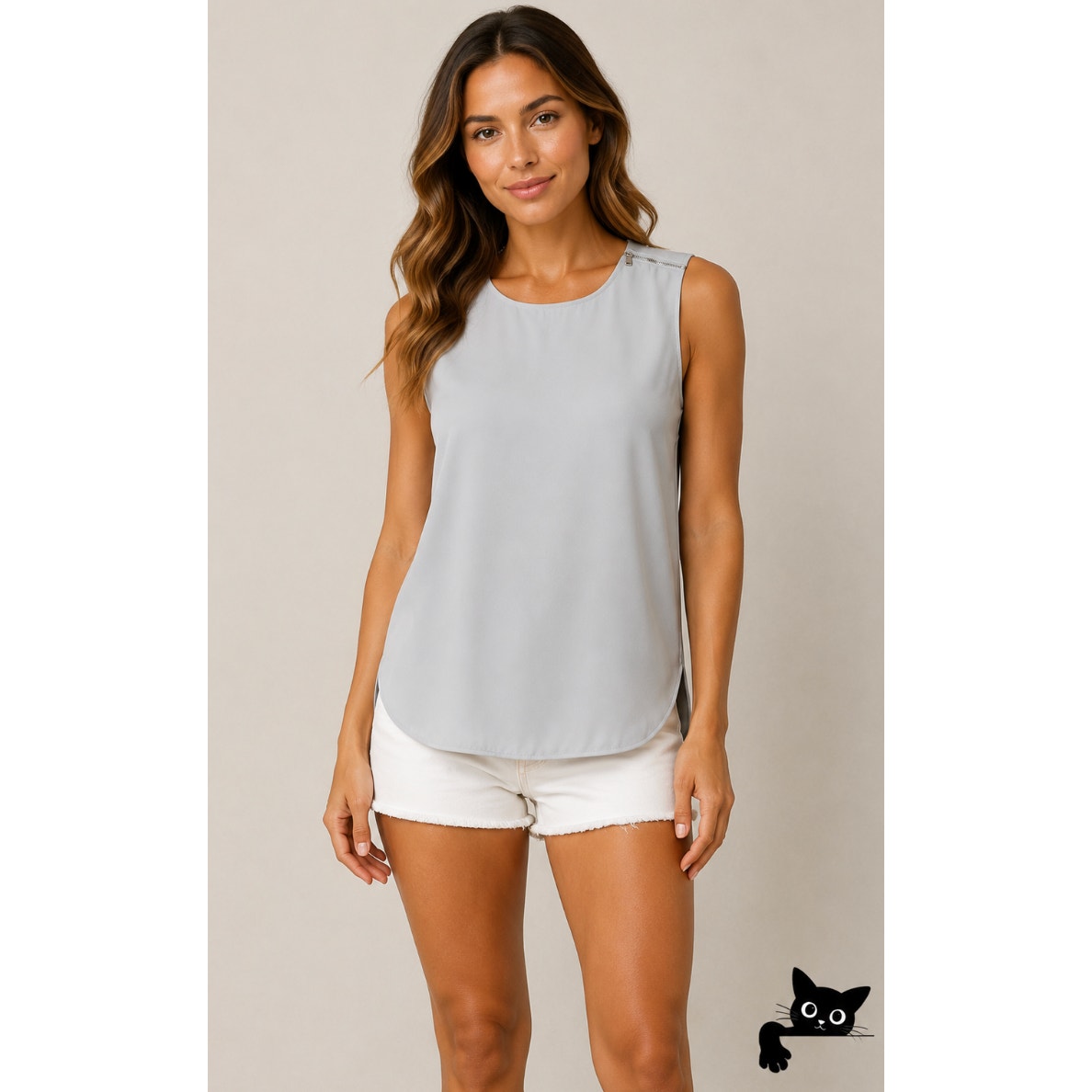 Stone Gray Sleeveless Blouse Shoulder Zip Detail Split Curve Hem Light Weight S