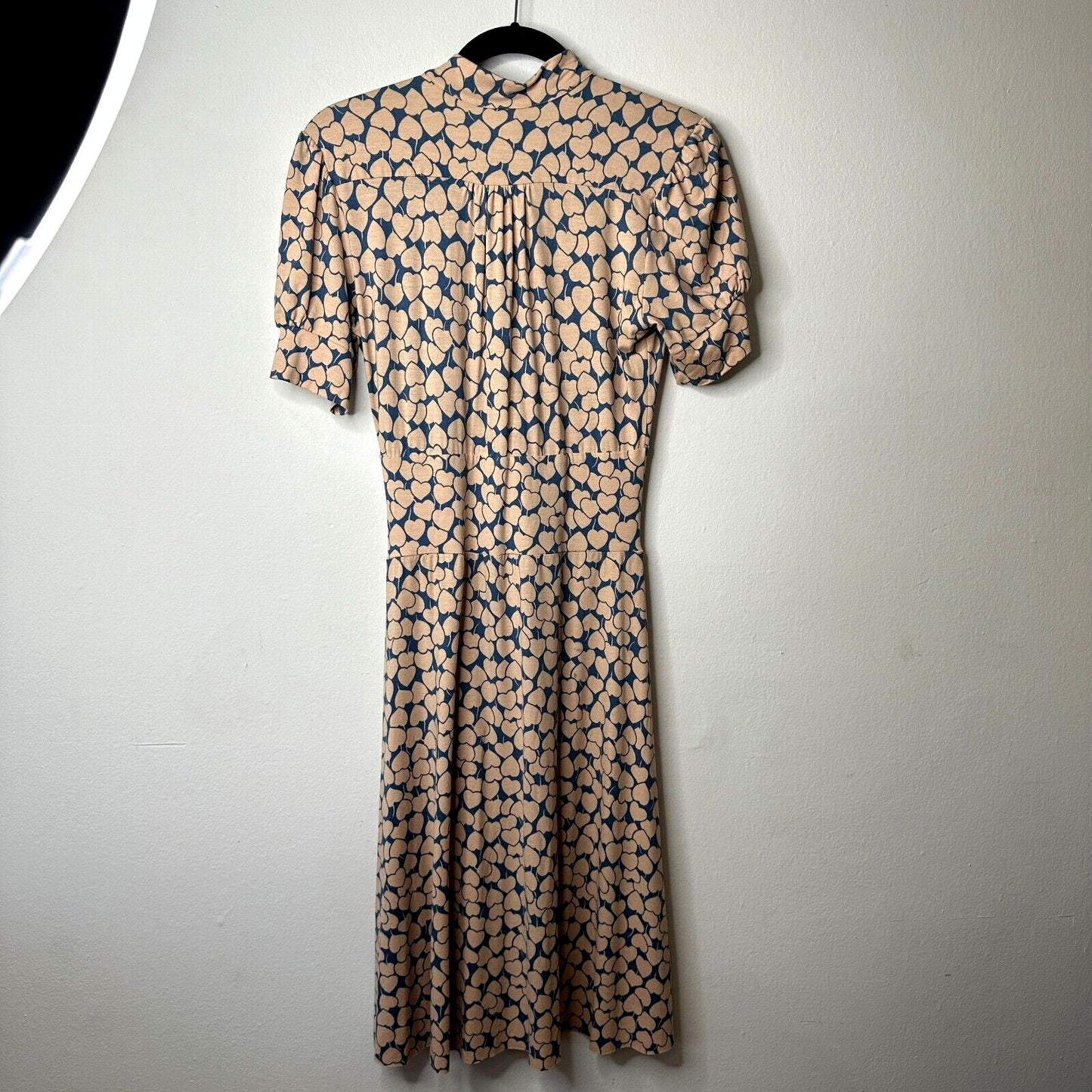 Maria Bonita Extra Blue & Tan Heart Keyhole Front Short Sleeve Mid Dress Med
