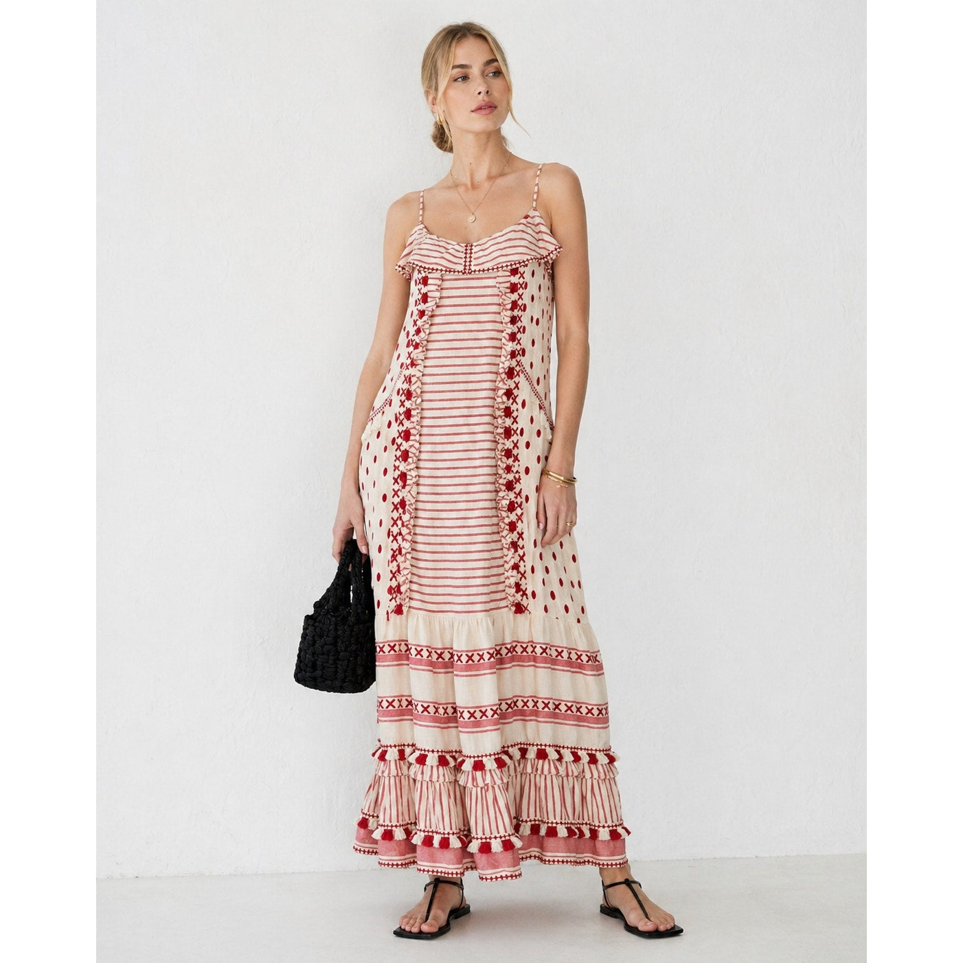 DODO BAR Tan & Red Stripe Polka Dot Ruffle Fringe Maxi Boho Resort Dress  S