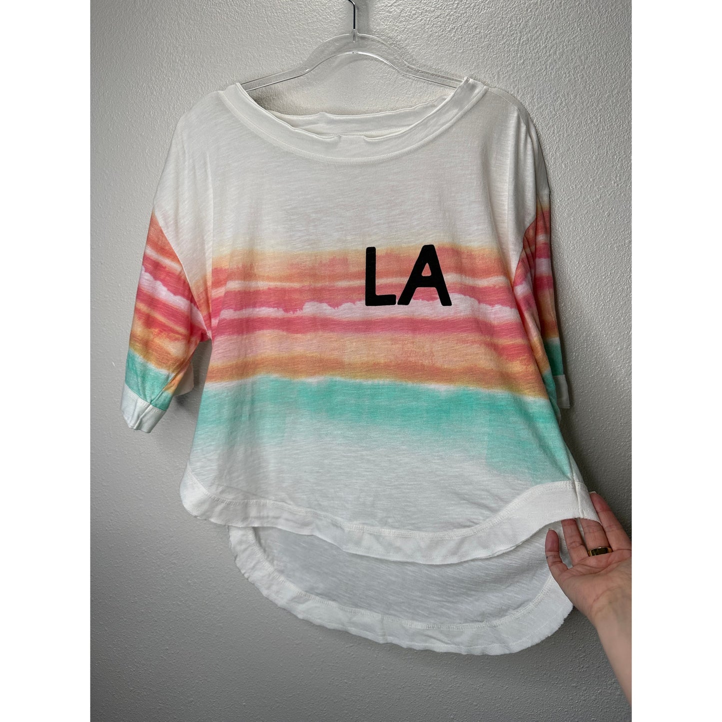 Daily Practice Ivory Peach Teal Striped LA logo High Low Tee XXS