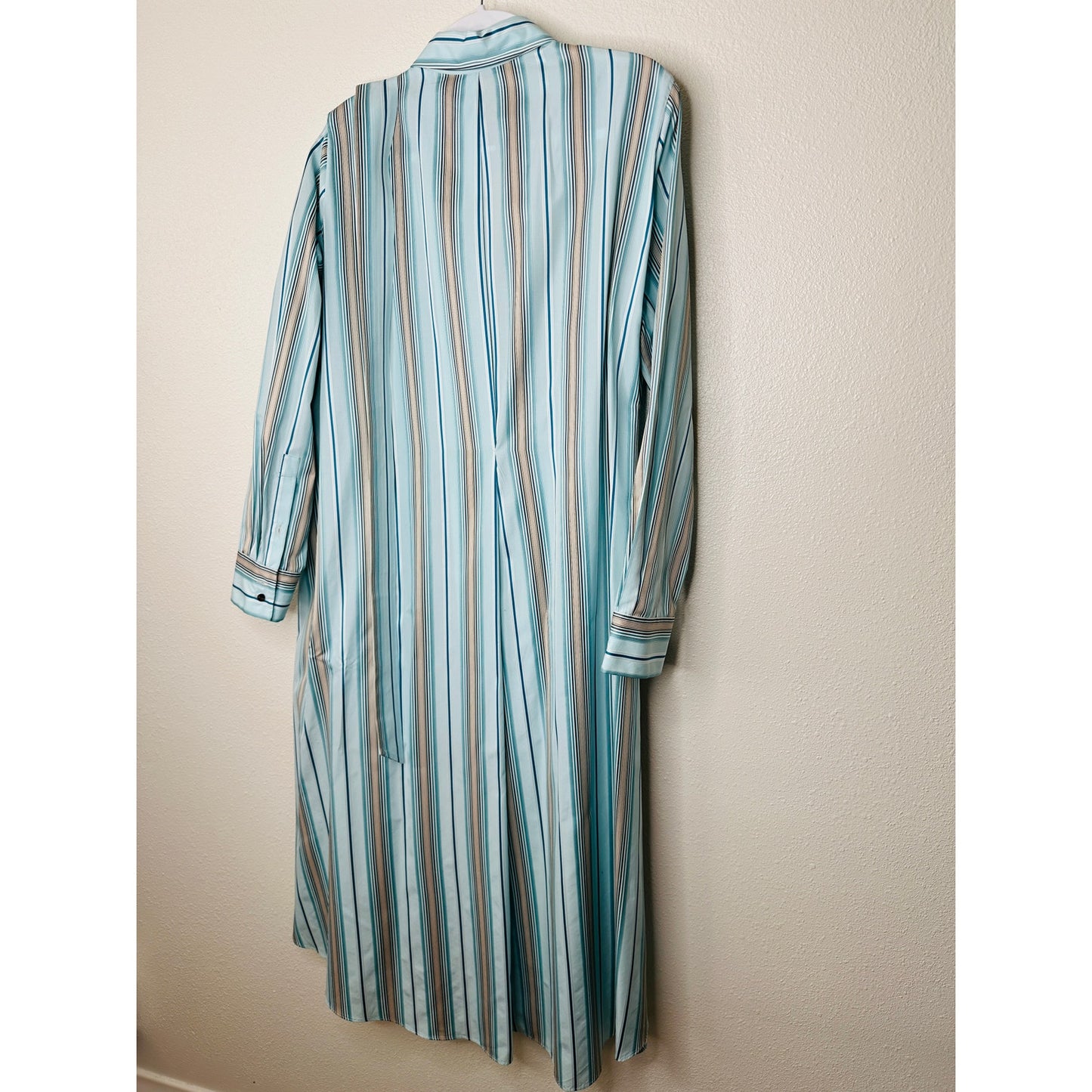 NWT Loro Piana Teal White Brown Stripe Front Button Tie Sash Wrap Dress XL