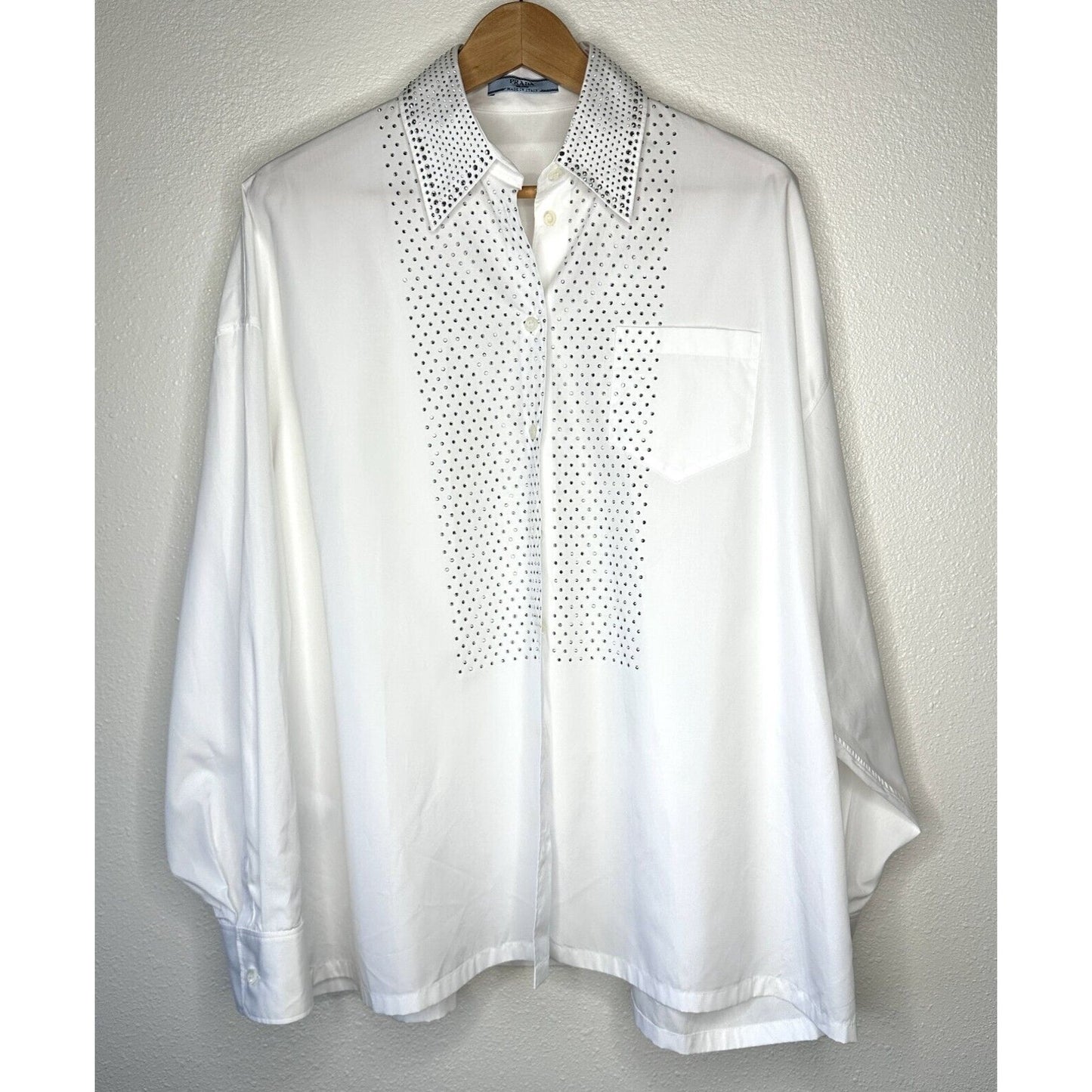 Prada White Long Sleeve Front Button Rhinestone Encrusted Collar & Front Shirt
