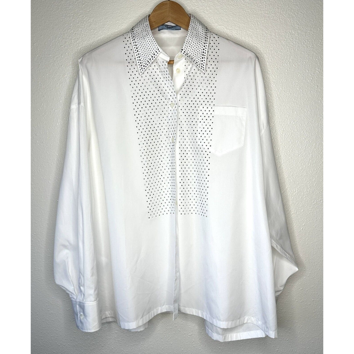 Prada White Long Sleeve Front Button Rhinestone Encrusted Collar & Front Shirt