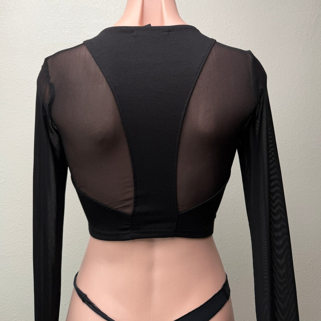Forever 21 Black Mesh Long Sleeve Open Back Crop Top Size S