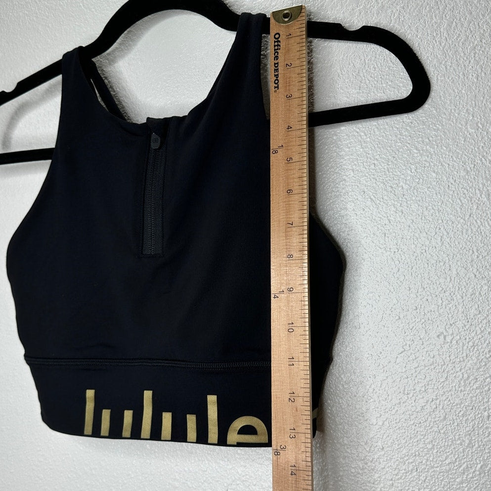 Lululemon Black Energy Bra High Neck Front Zip Gold Logo Sports Bra