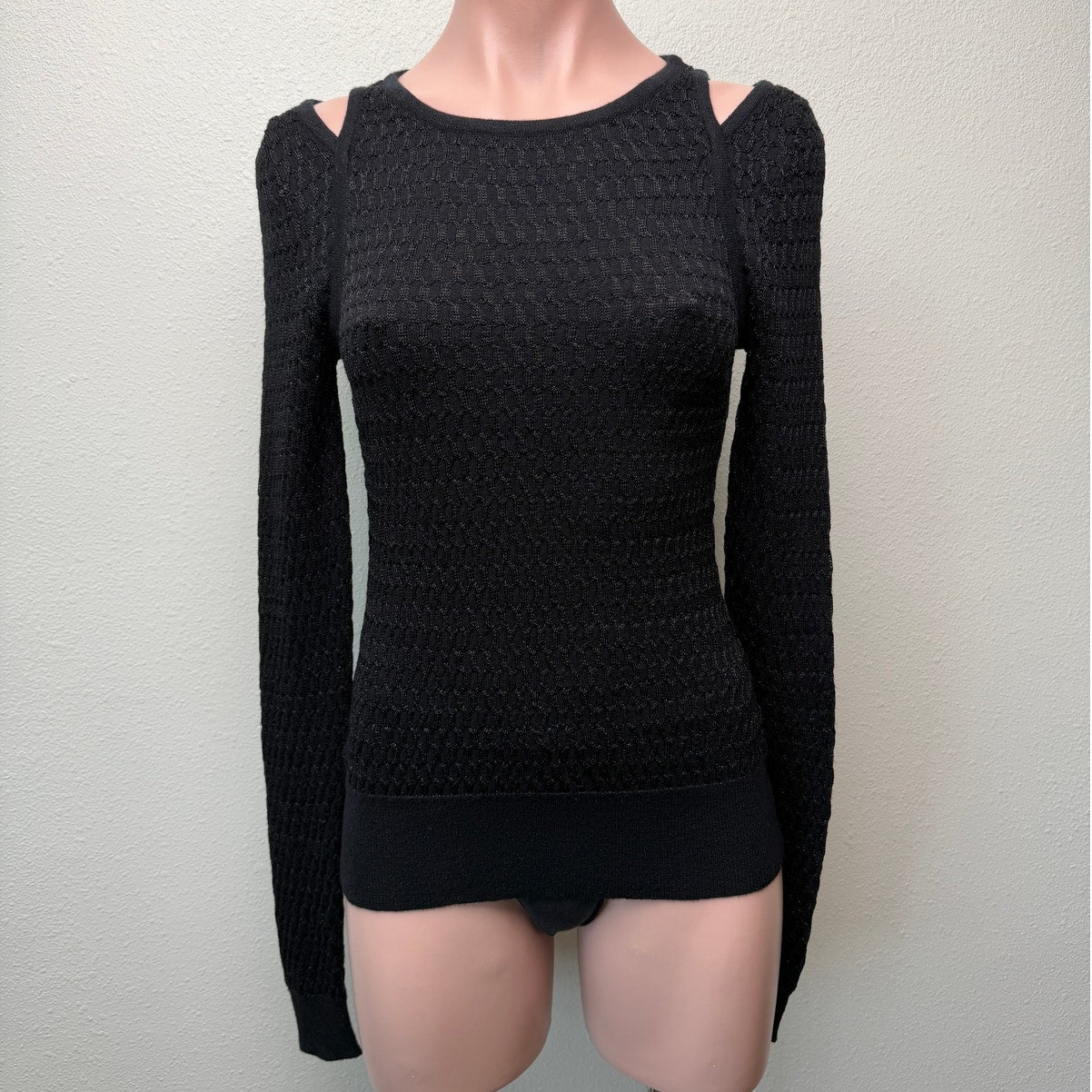 Bebe Black Shimmer Cold Shoulder Knit Sweater Women's Medium