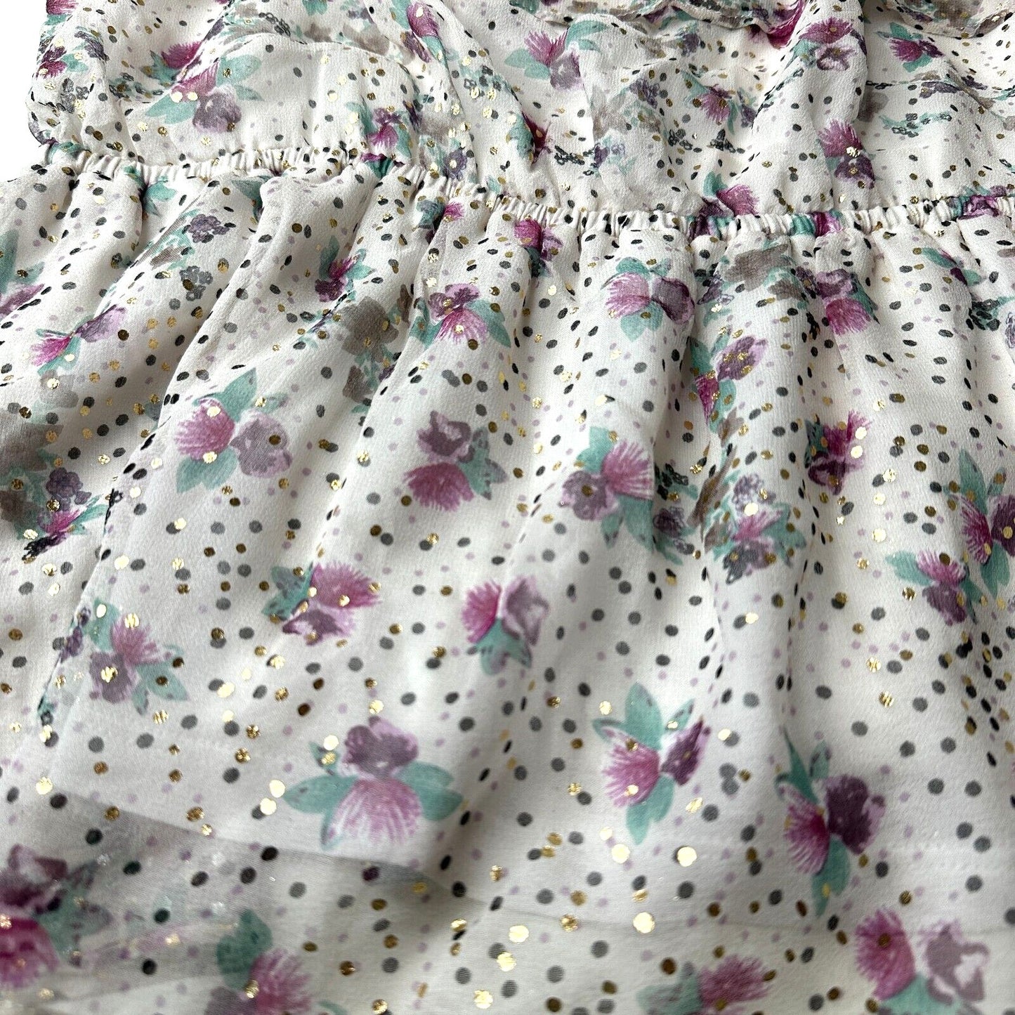 NWT Ella Moss White Purple Gold Metallic Dot Spaghetti Strap Ruffle Top L