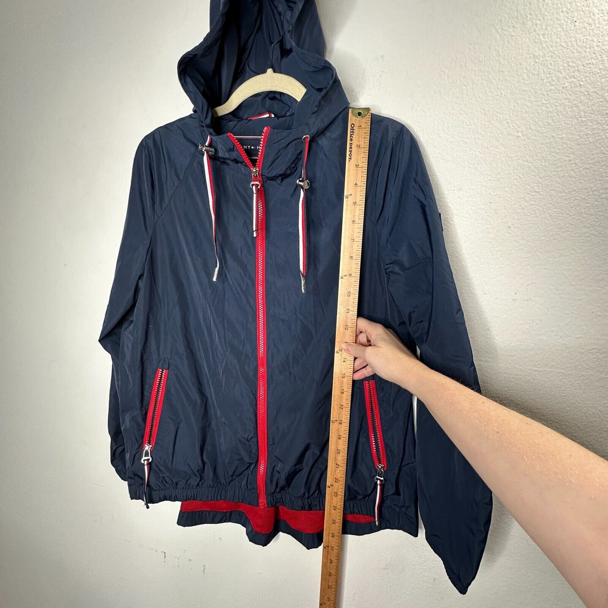 Tommy Hilfinger Navy Blue Red Trim Hooded Long Sleeve Zip Windbreaker Jacket S