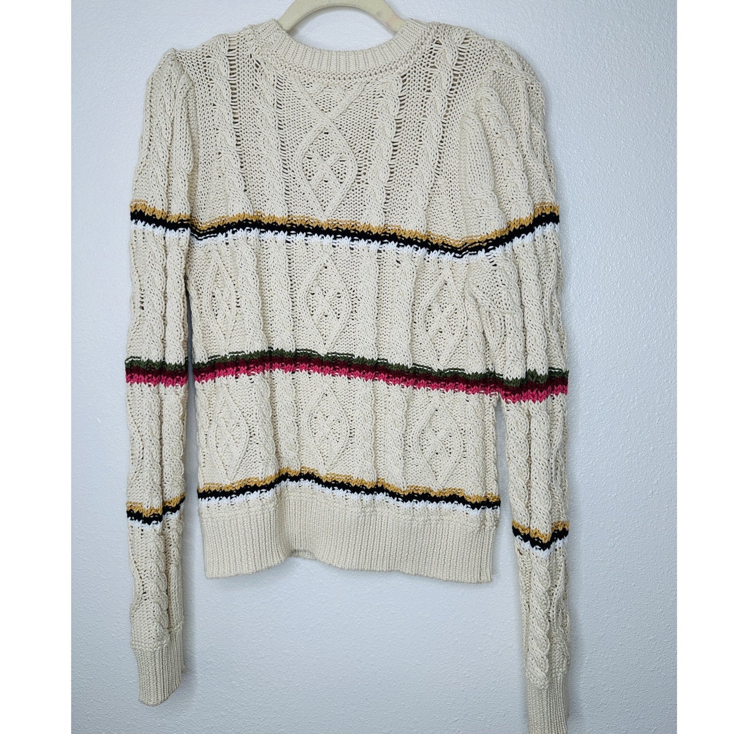 Veronica Beard Bruna Cream Black Multi Stripe Chunky Knit Long Sleeve Sweater M