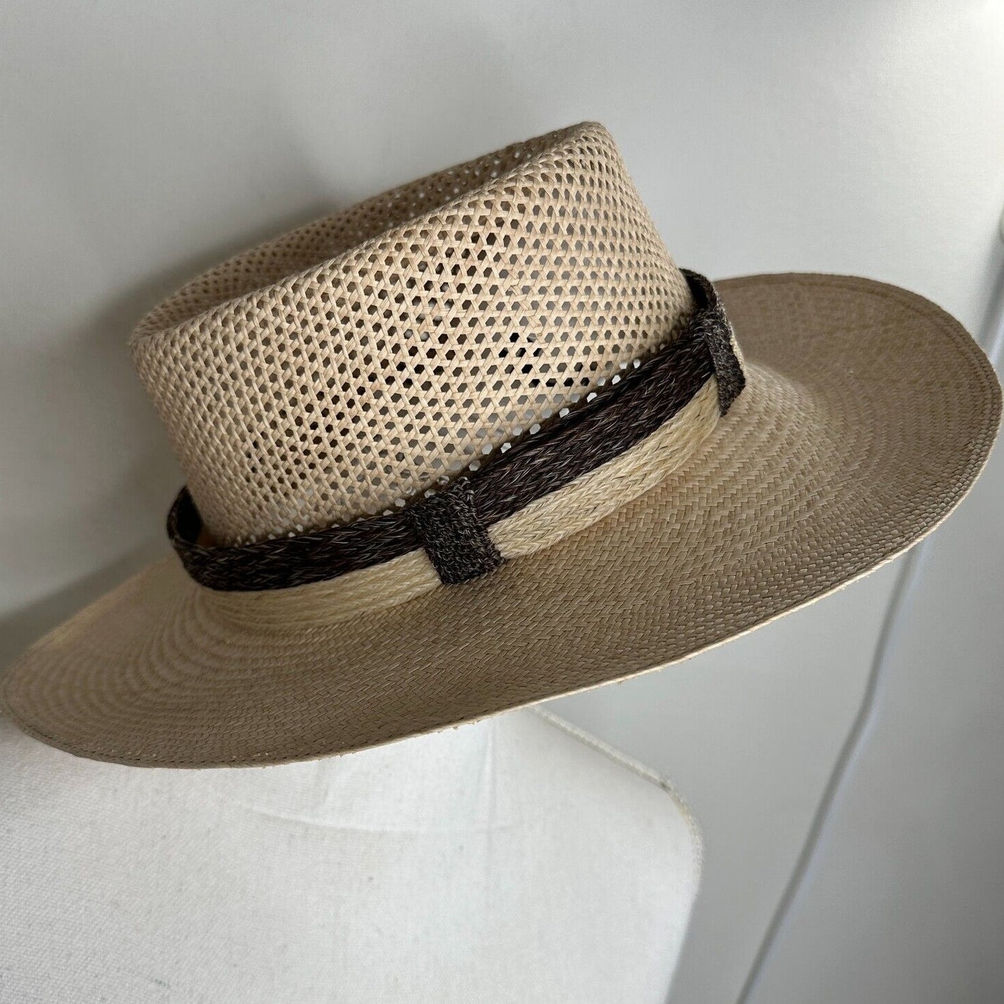 Temple Tan & Brown Basket Weave Rattan Wide Brim Hat Embellished Dark Brown Band