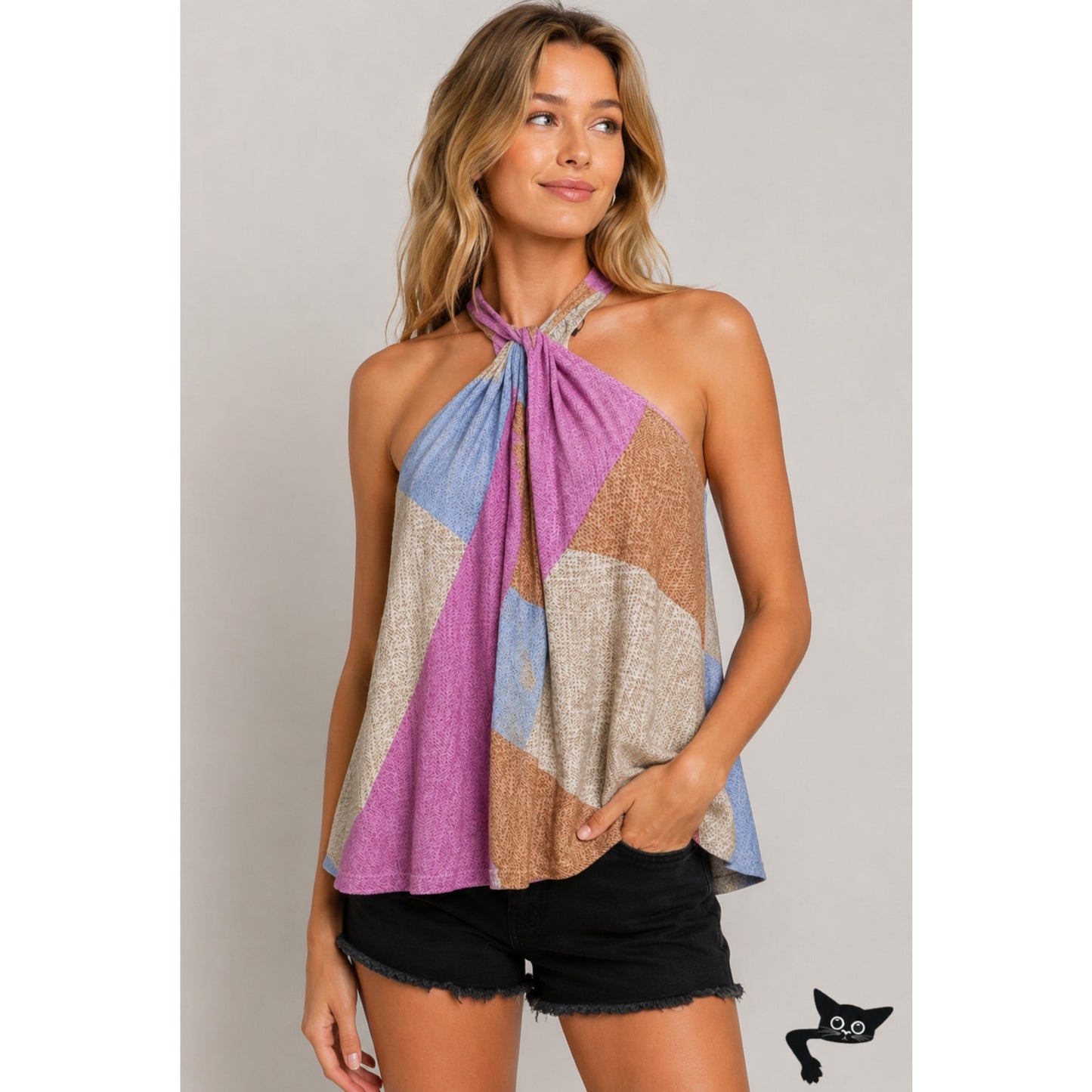 NWT Oneill Bahama Pink Tan Blue Button Keyhole Tie Racerback Top XS