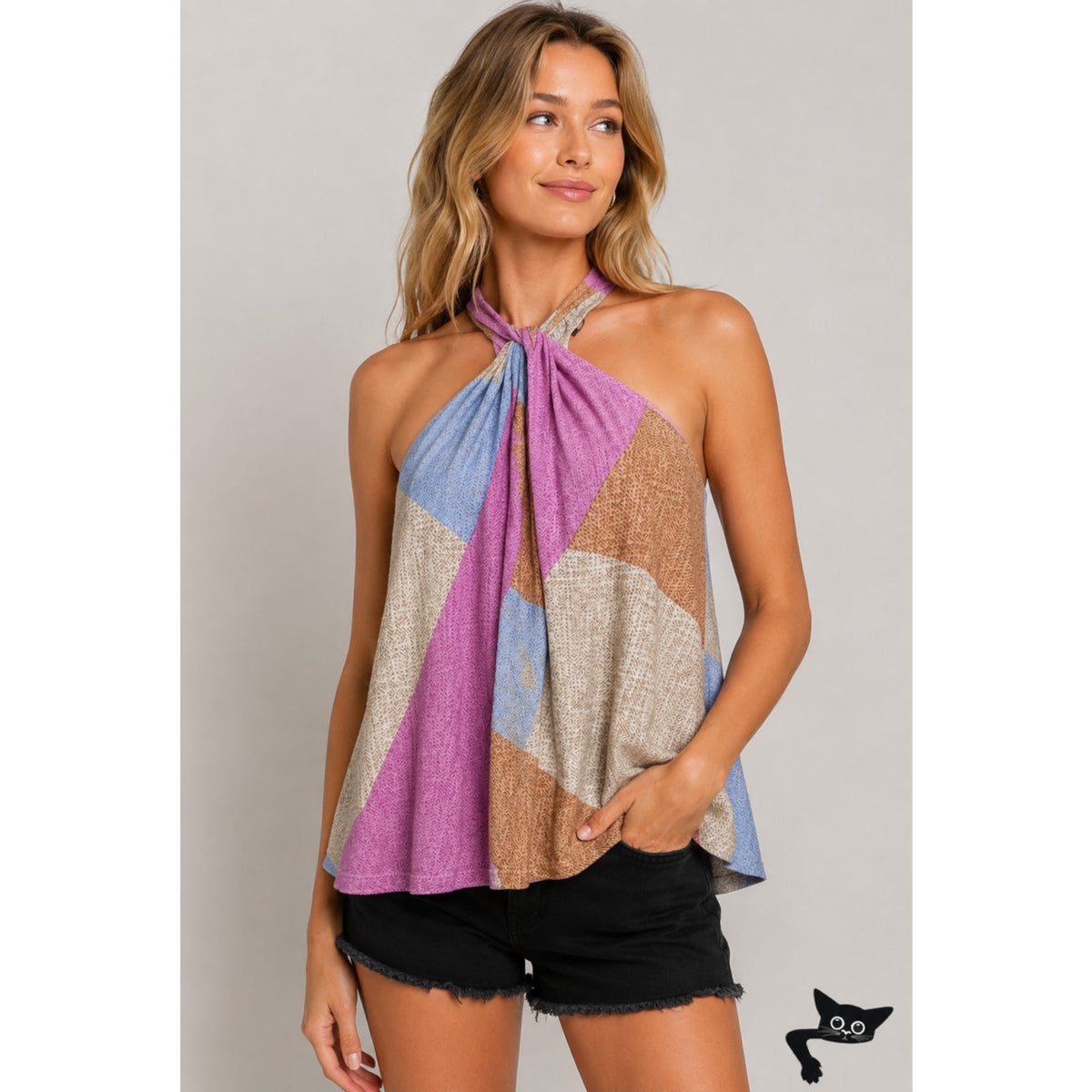 NWT Oneill Bahama Pink Tan Blue Button Keyhole Tie Racerback Top XS