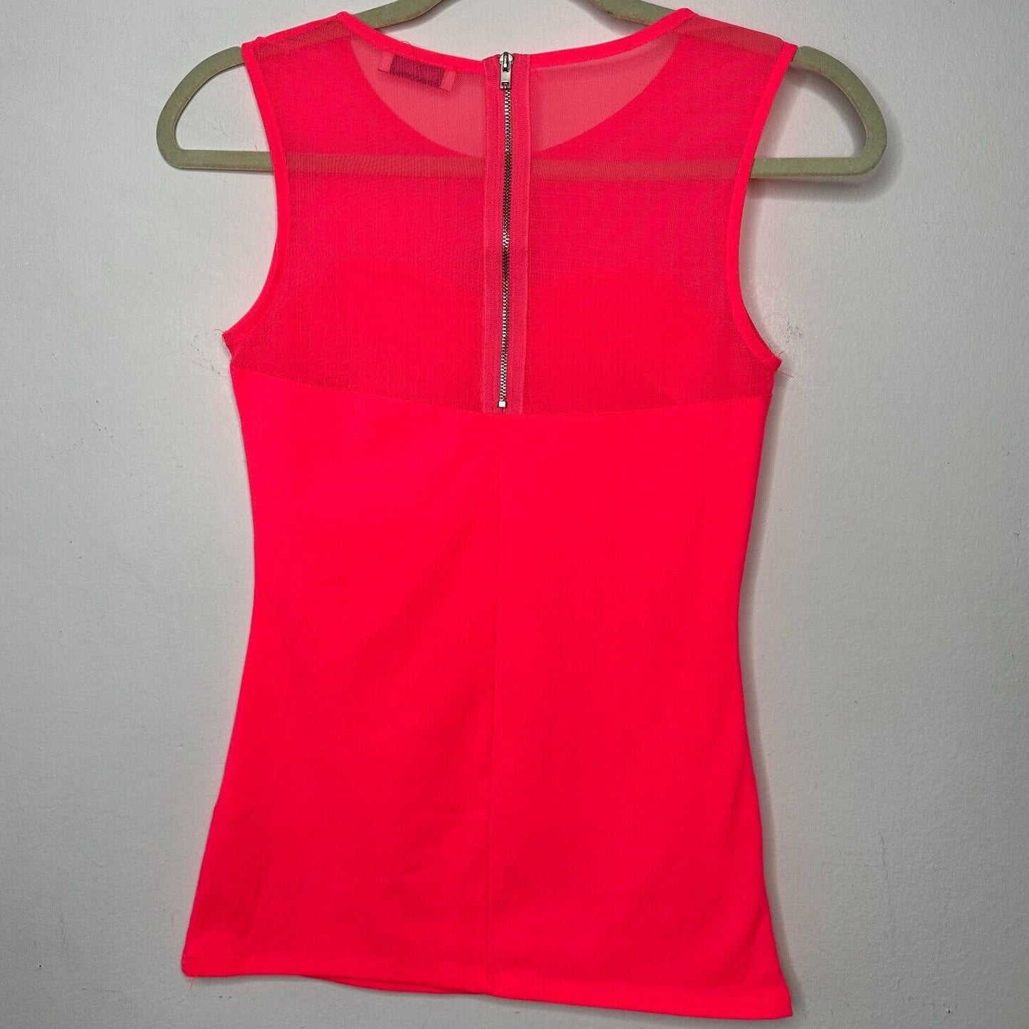 Pull & Bear Florescent Pink Sleeveless Cotton and Sheer Mesh Top Back Zip XS