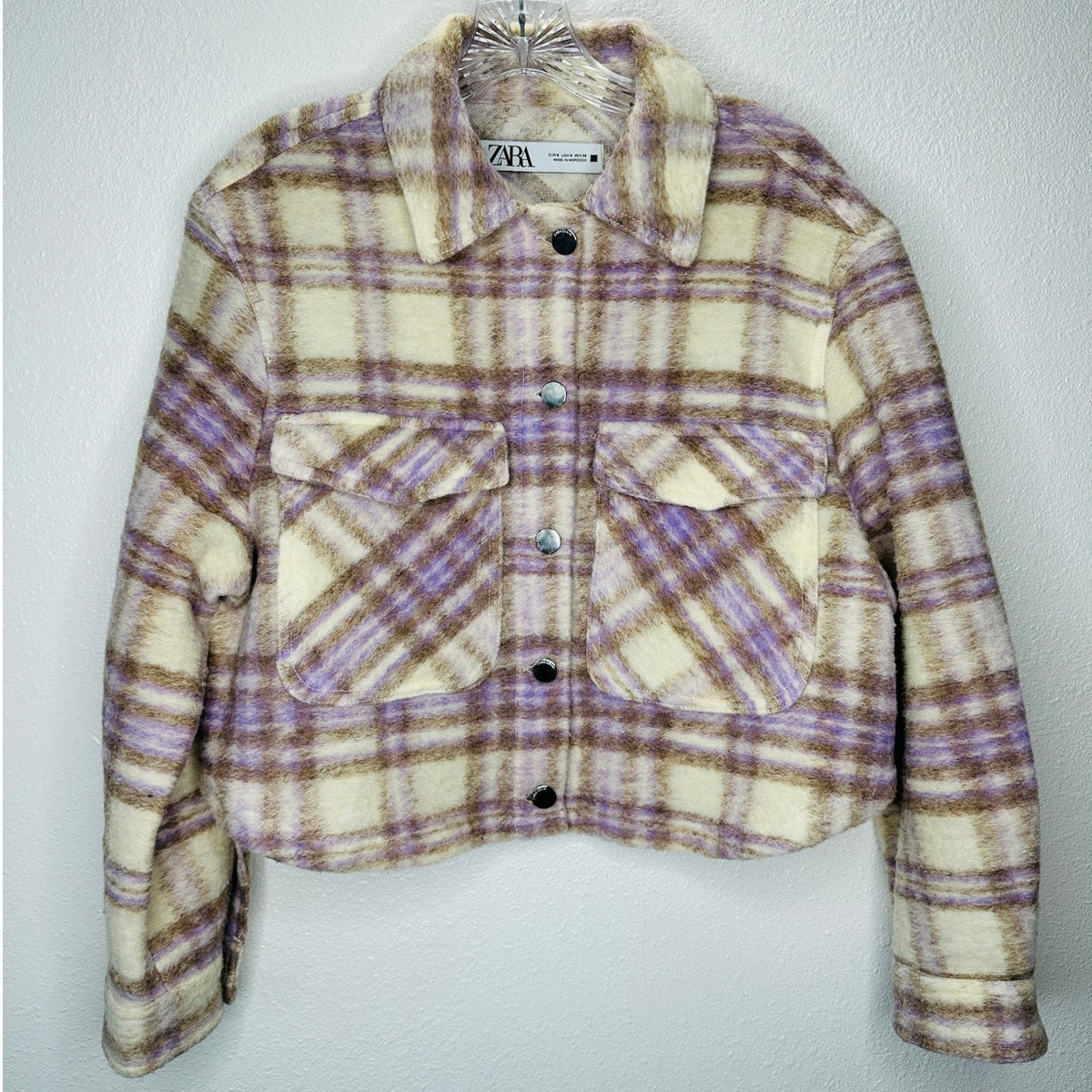 Zara Fuzzy Cream Purple Tan Plaid Front Button Pocket Crop Jacket Small