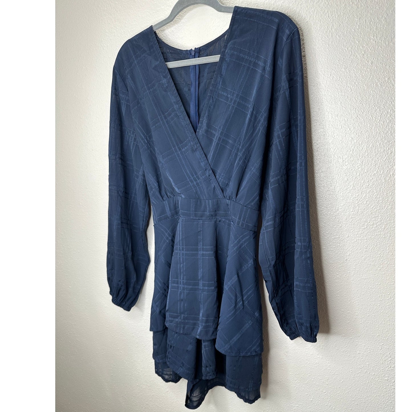 Navy Fit & Flare Sheer Plaid Faux Wrap V-Neck Romper Tie Waist XL
