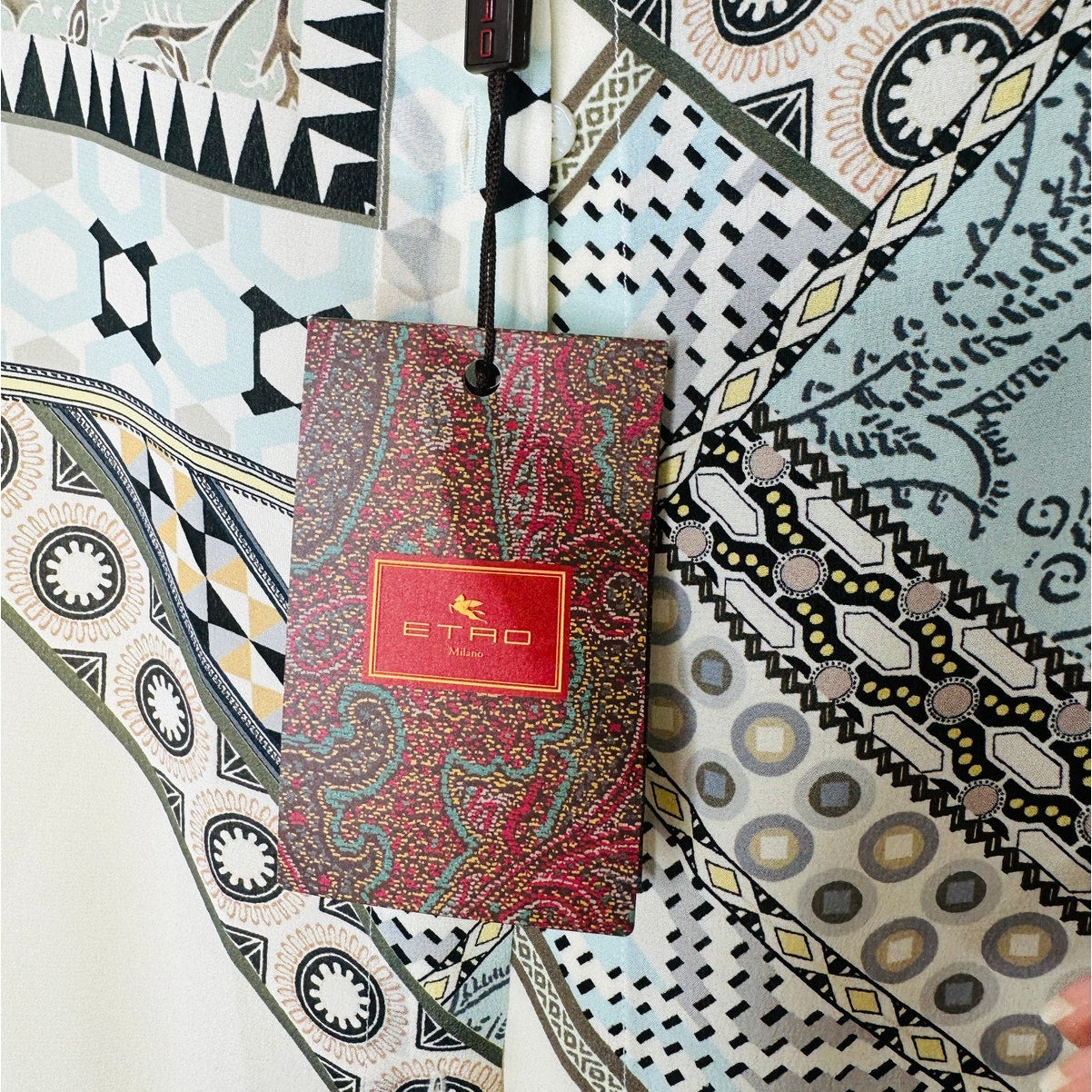 ETRO Pastel Cream Blue Multi Geometric Print Button Collar Silk Blouse  46 / L