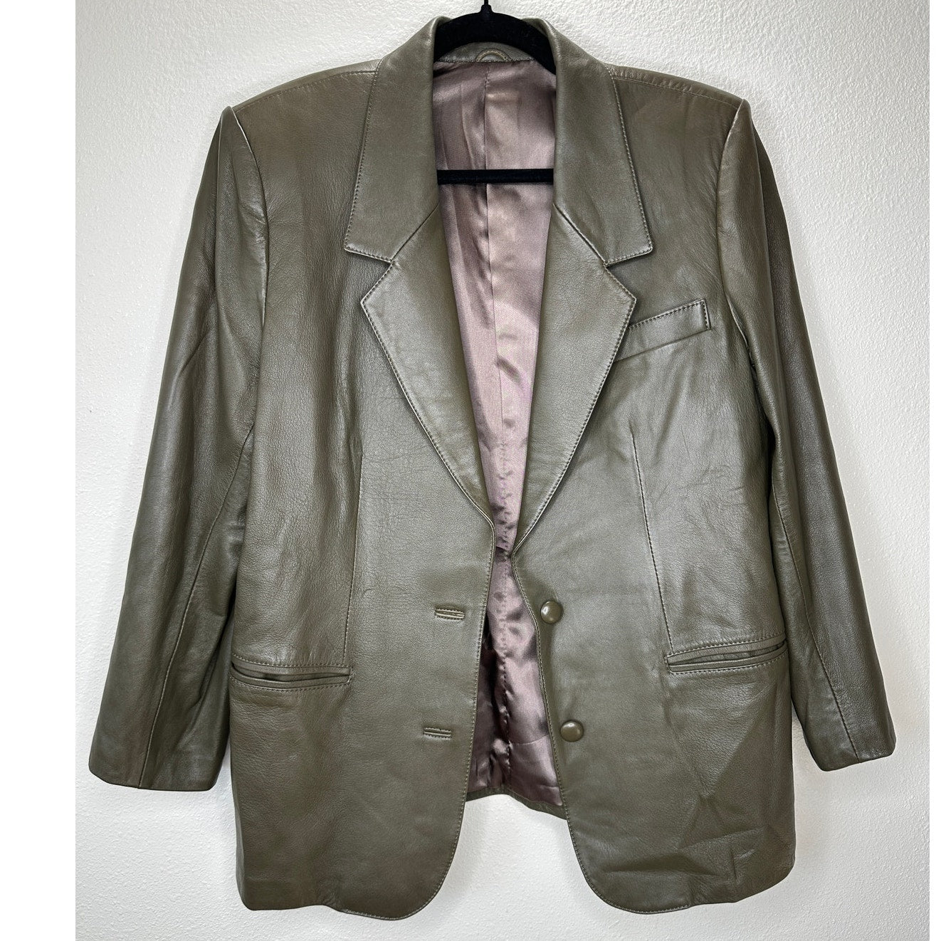 Faux Leather Green Brown Collared Front Button Blazer Jacket XL