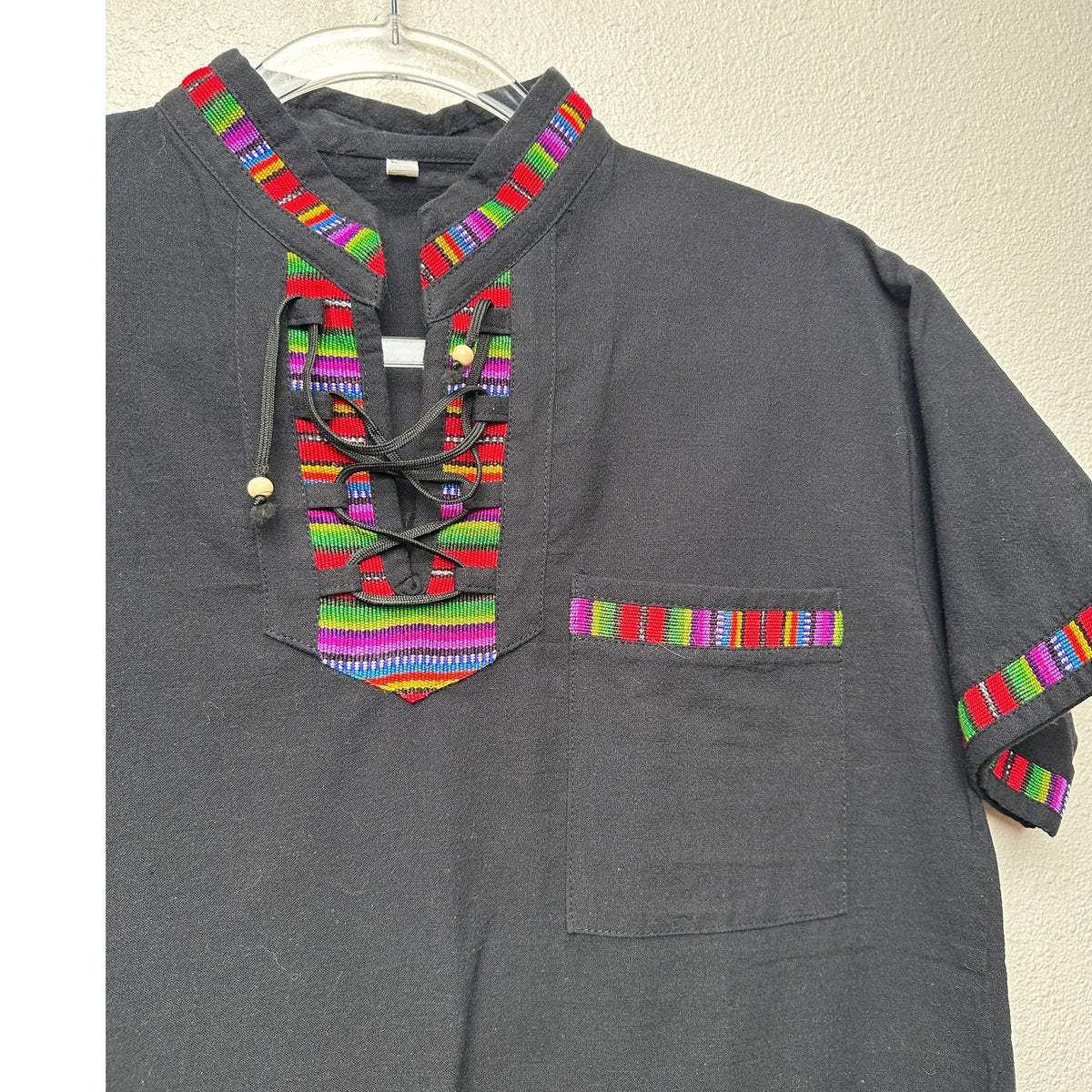 Black Boho Tunic Blouse Woven Trim Lace-Up V-Neck Women’s S