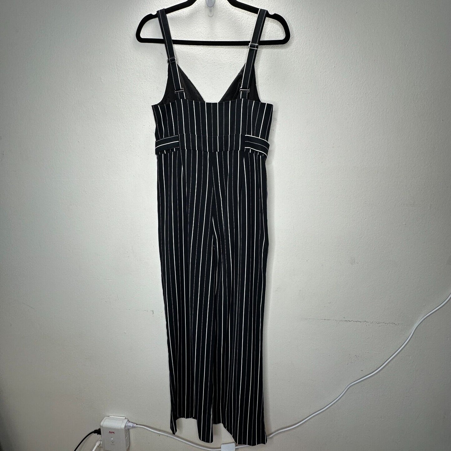 Dance & Marvel Black & White Pinstripe Cinched Sides Wide Leg Front Zip Jumpsuit