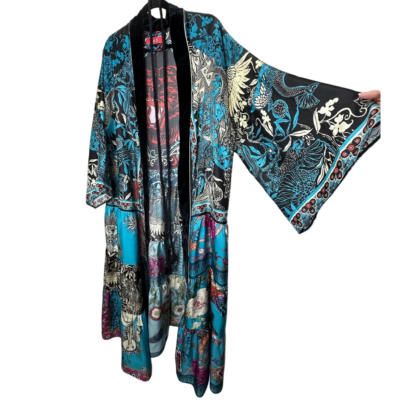 F.R.S. Cream Black Blue Red Multi Bird Floral Tiger Print Kimono M