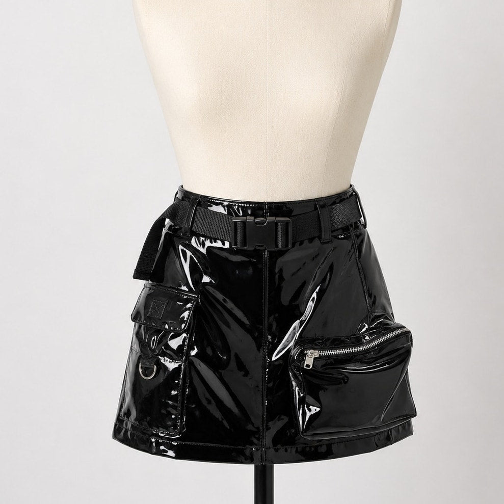NWOT I AM GIA Edam Skirt PVC Mini High Waist Utility Pockets Silver Trim S