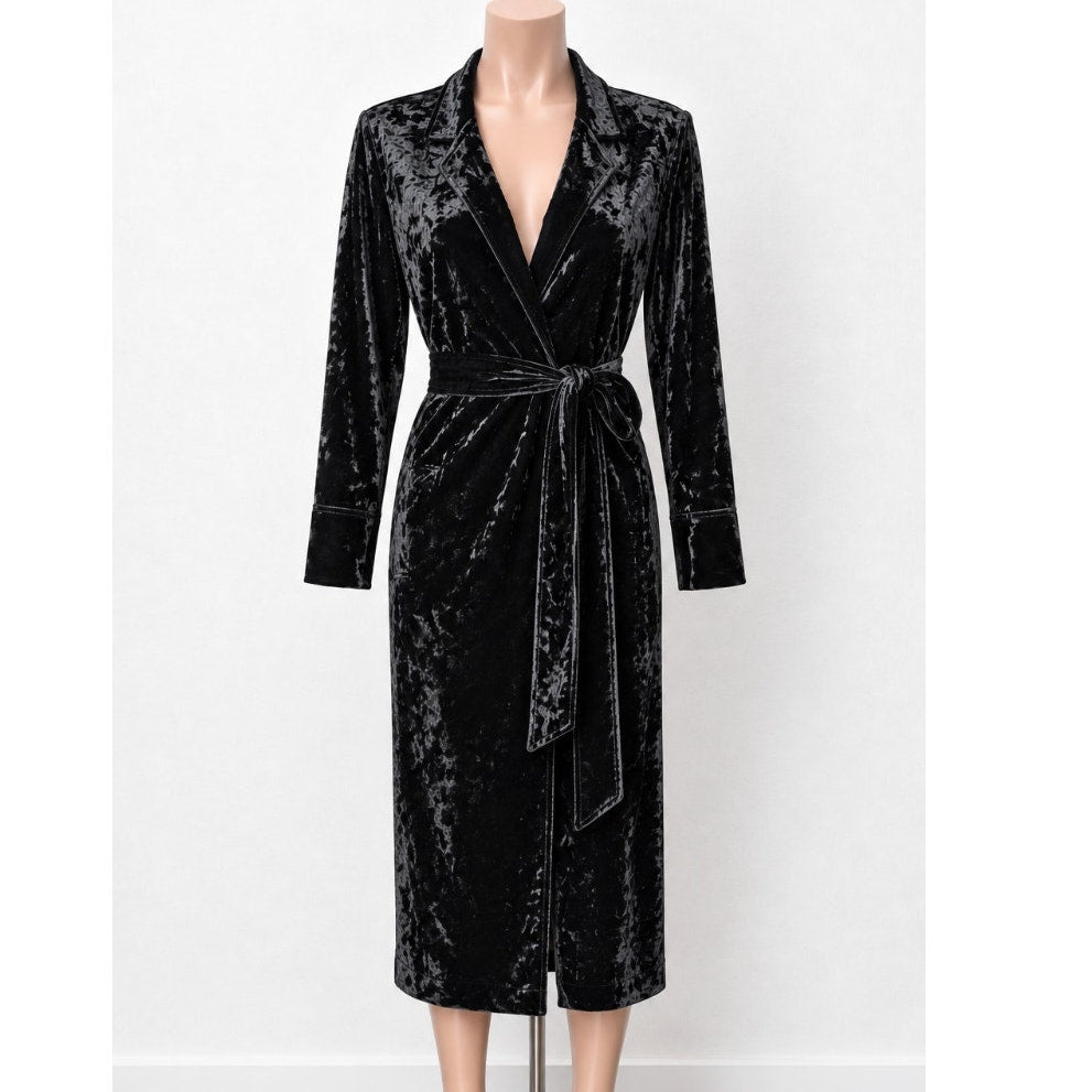 Arrive Black Velour Front Button Long Sleeve Tie Waist Midi Dress Small