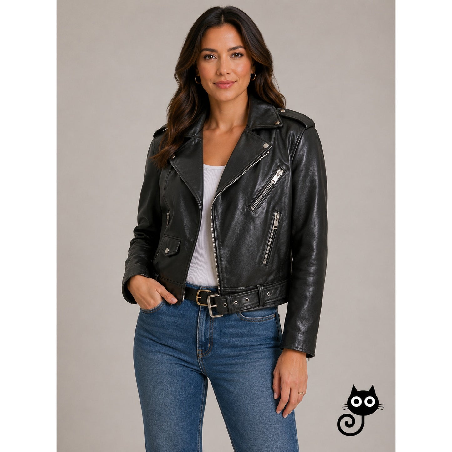 Raw Black Leather Silver Zip & Hardware Belted Shoulder Pad Moto Jacket L