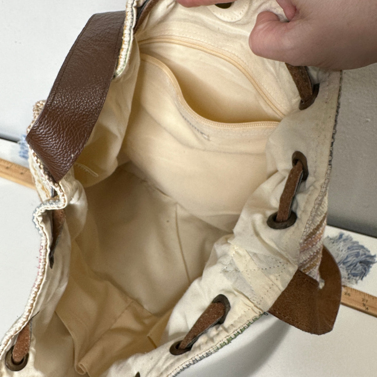 Lovestitch Tan Multicolor Striped Canvas Boho Bag Drawstring Snap Closure