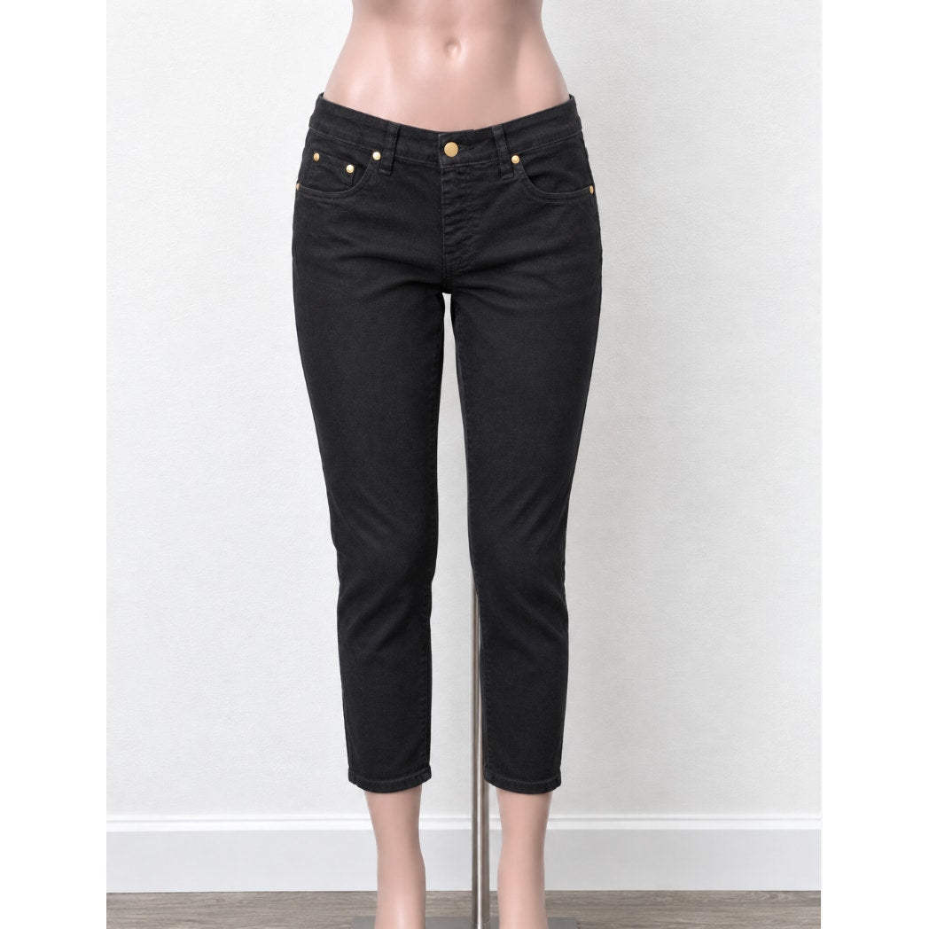 Iman Jet Black Stretch Flat Front-Button Zipper Straight Leg Pant Jean L Short