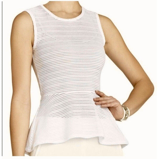 BCBGMAXAZARIA Evia Peplum White Laser Cut High Neck Sleeveless Back Zip Top XS
