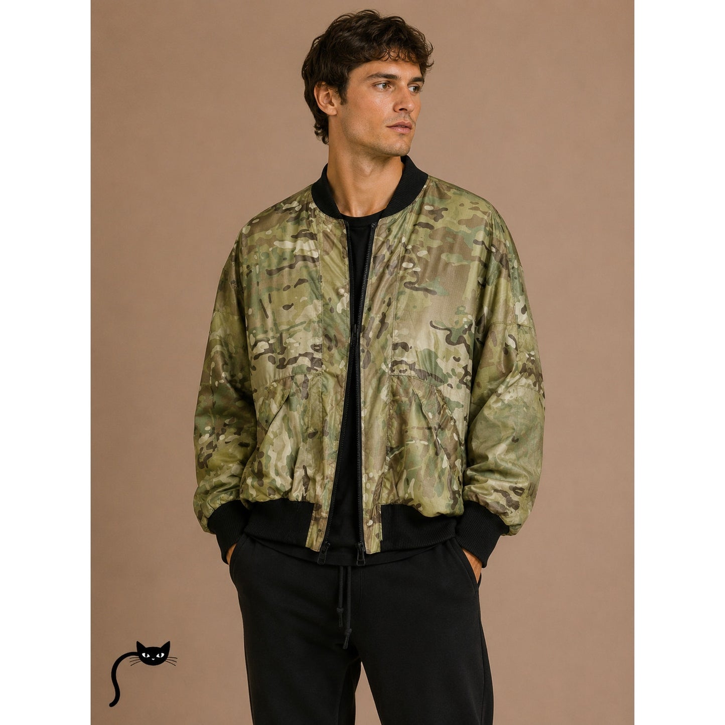 Daniel Patrick Olive Camo Front Split Zip Satin Long Sleeve Bomber Jacket M