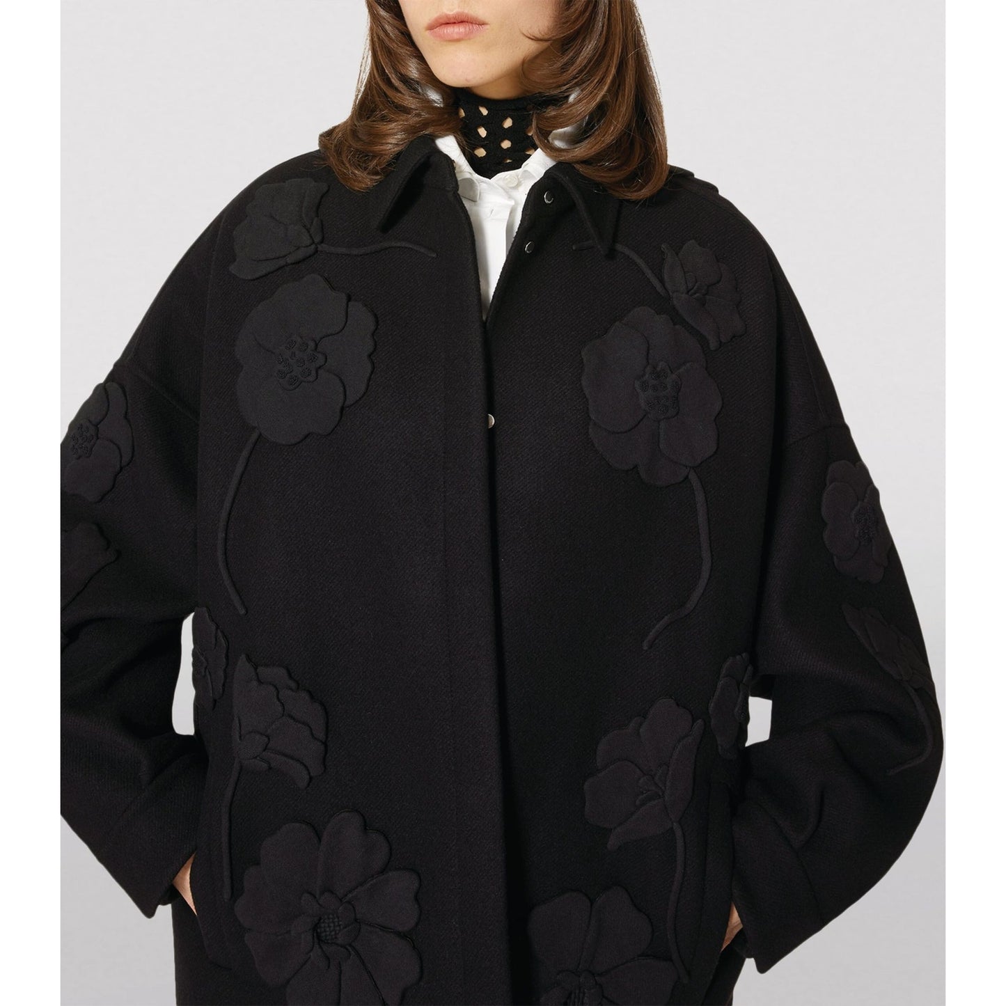 Valentino Garavani Black Wool-Cashmere Floral Applique Jacket