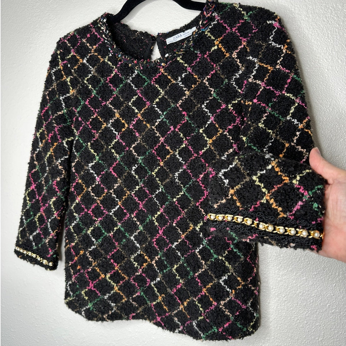 Zara Black Multicolor Boucle Knit Sweater with Pearl Detail on Sleeves Top S