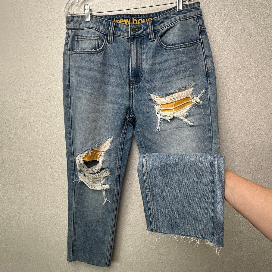 Drew House Cropped Distressed Jeans Raw Hem Corduroy Patch Blue Size 32