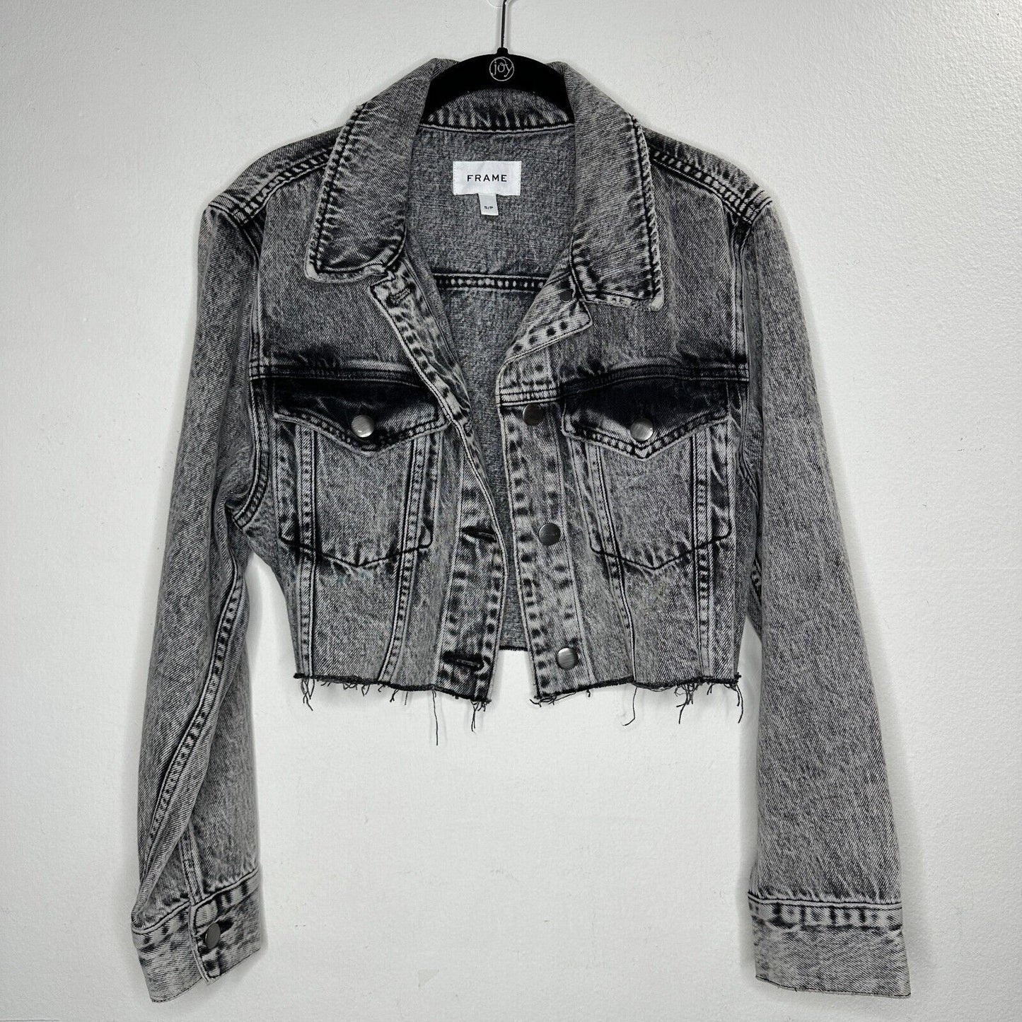 Frame Stonewashed Gray Faded & Distressed Crop Jacket Front Button Raw Hem S