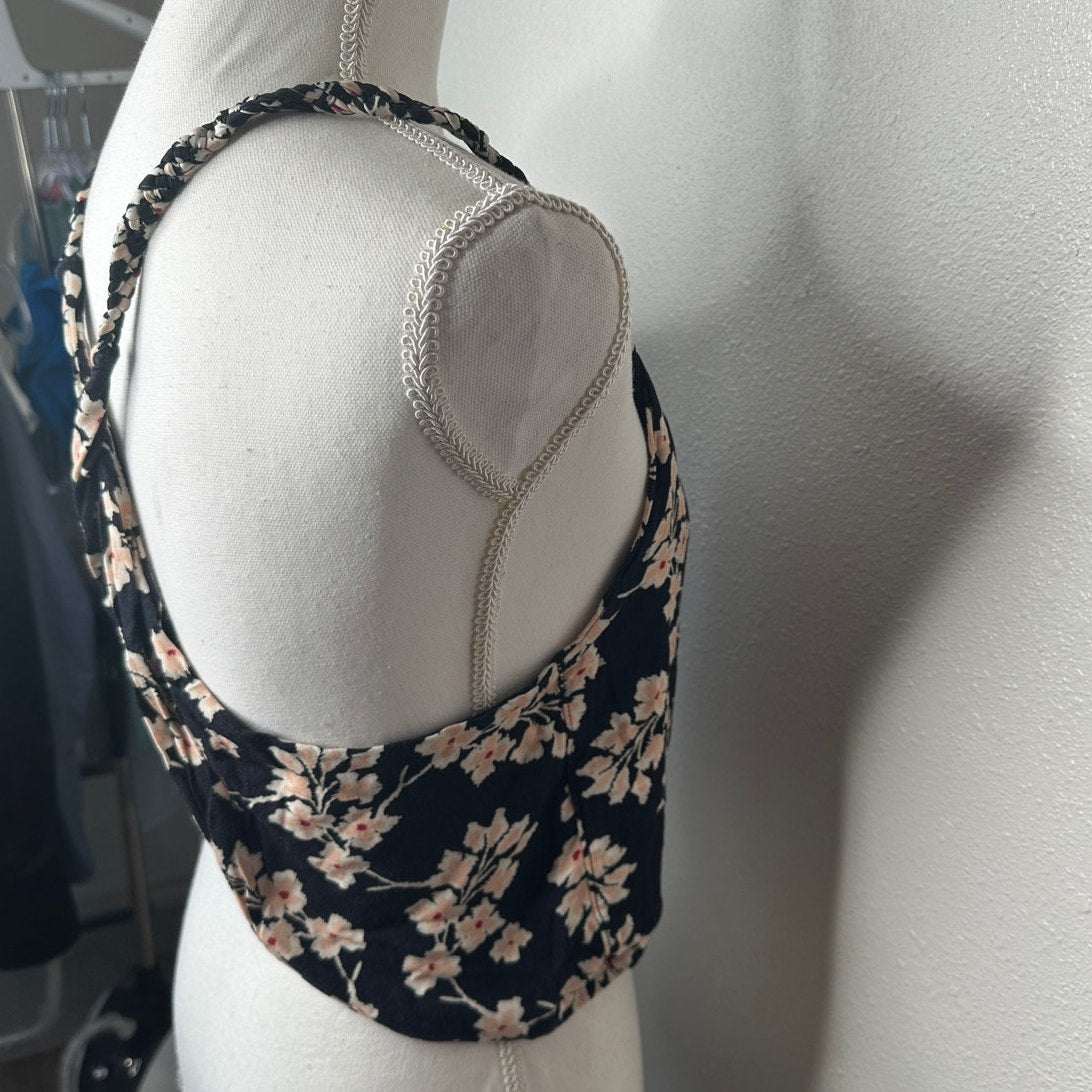 Boho Floral Braided Twist Back Tank Top XS Black Peach Cream Linen Summer Look