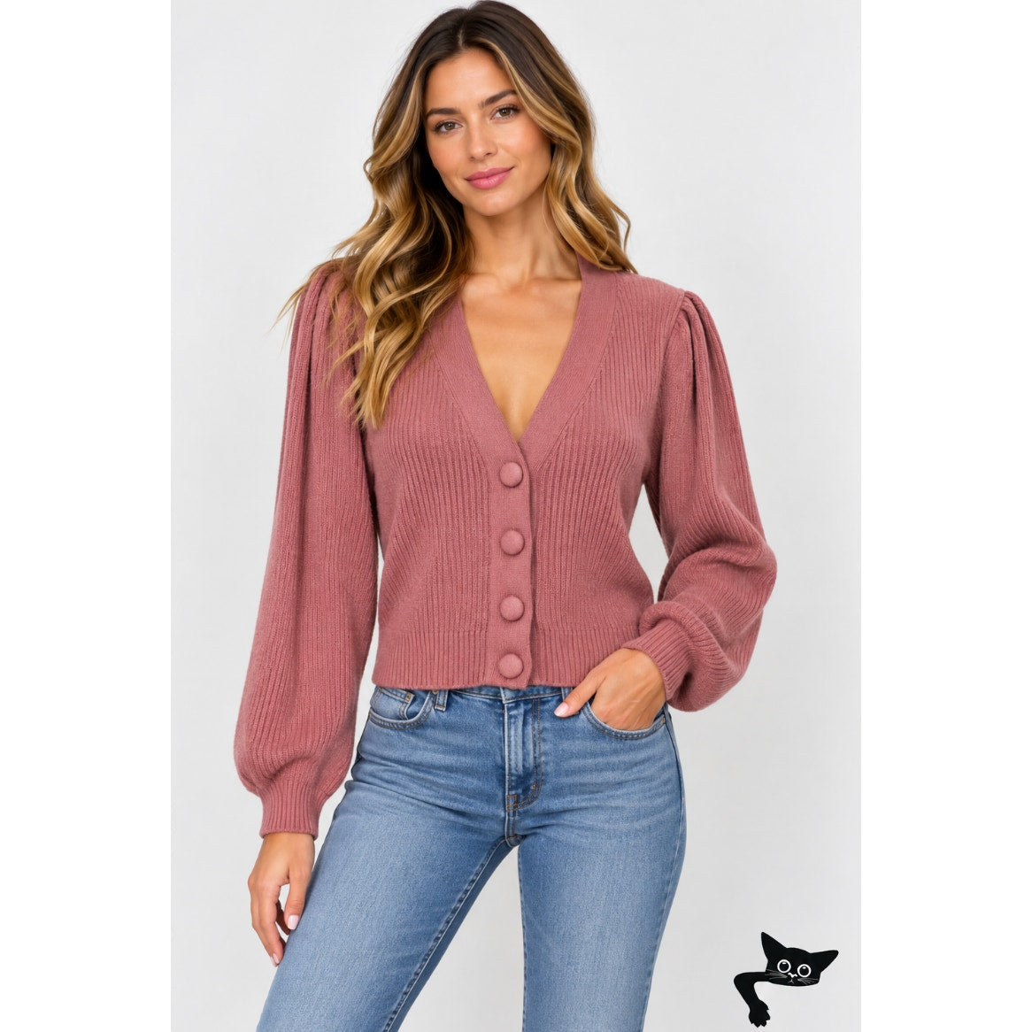 ZARA Mauve Balloon Sleeve V-Neck Cropped Button Chunky Knit Cardigan Sweater M
