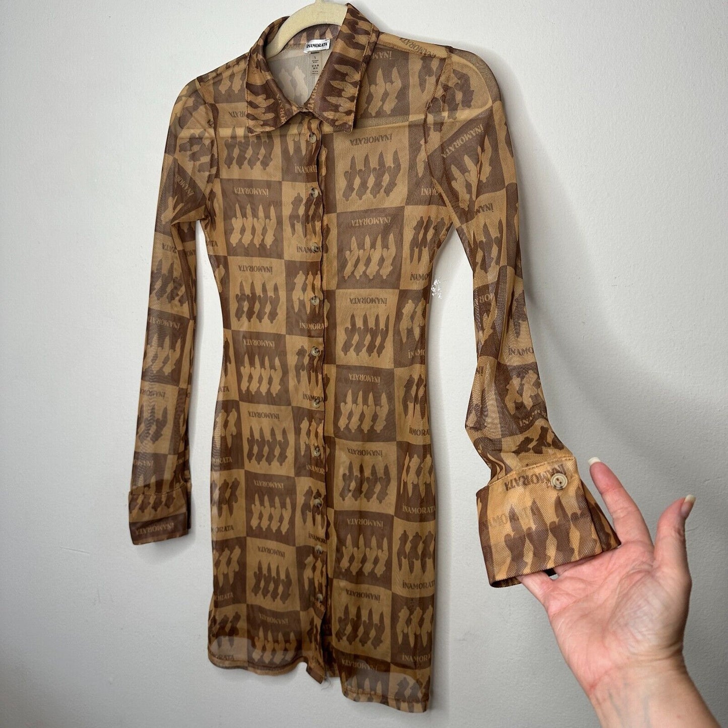 Inamorata Riviera Brown Check Mesh Dress Long Sleeve Button Up Mini Dress S