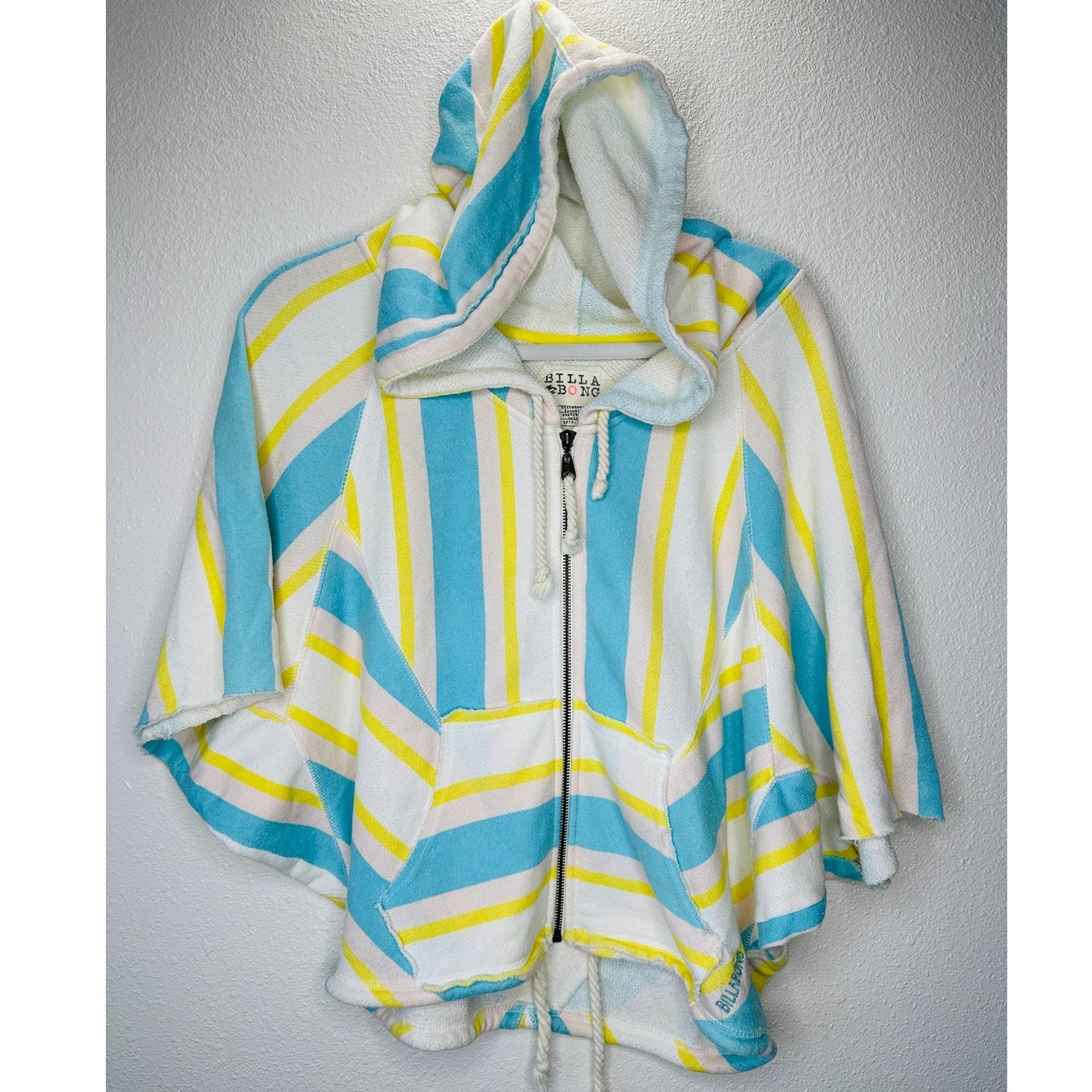 Billabong White Blue Yellow Batwing Front Zip Raw Hem Hooded Sweater S