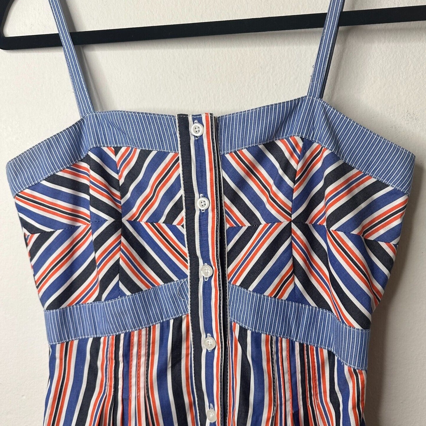 Zachary's Smile Blue White Orange Stripe Spaghetti Strap Button Sun Dress 6