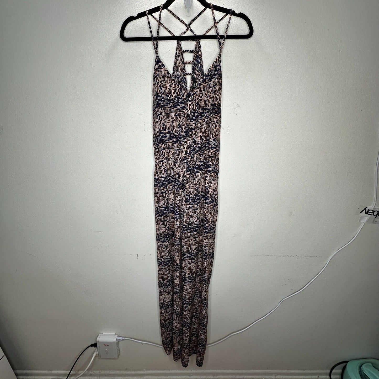 Fora Tan & Navy Front Button Strappy Decorative Back Wide Leg Jumpsuit Small