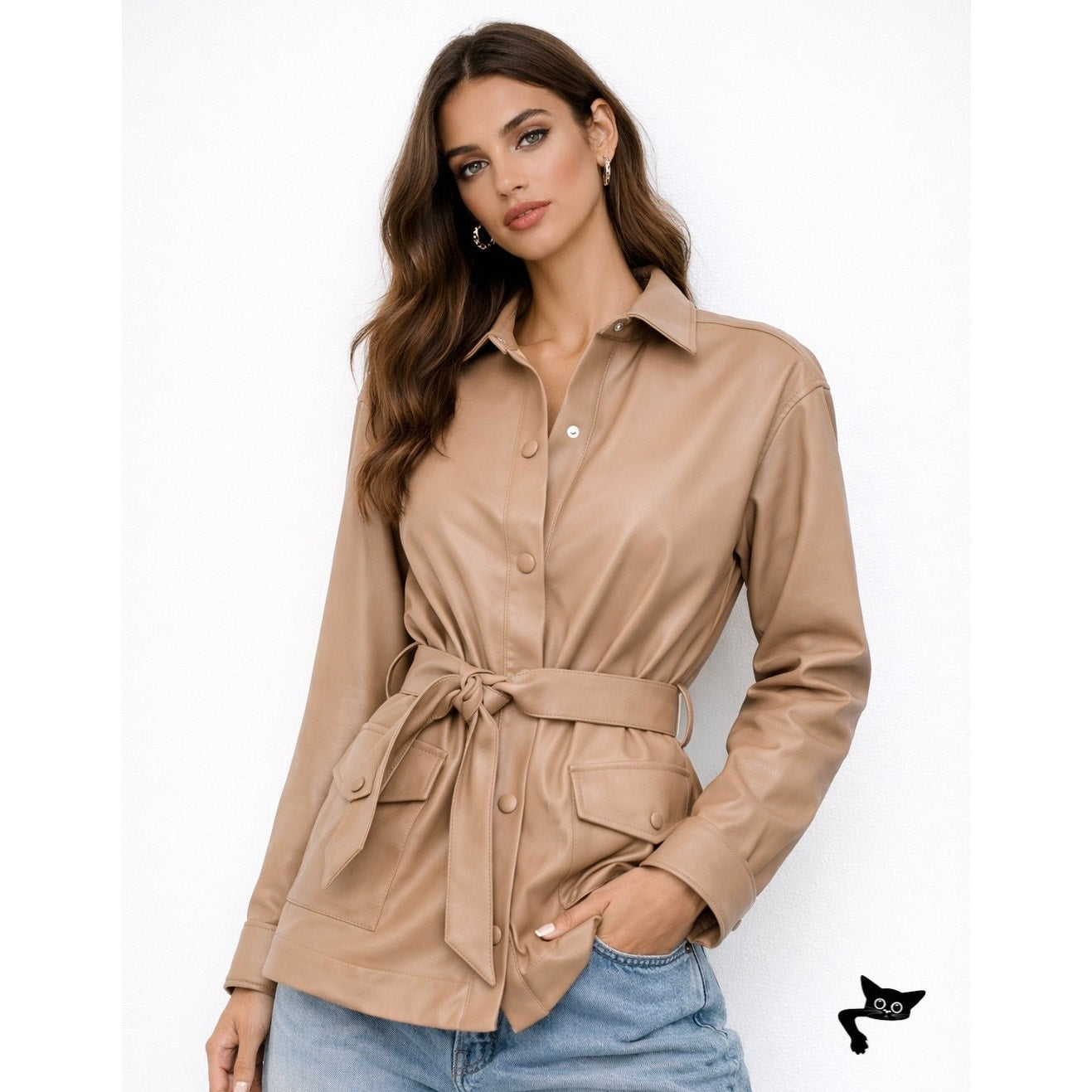 L’Academie Mocha Faux Leather Belted Jacket XXS