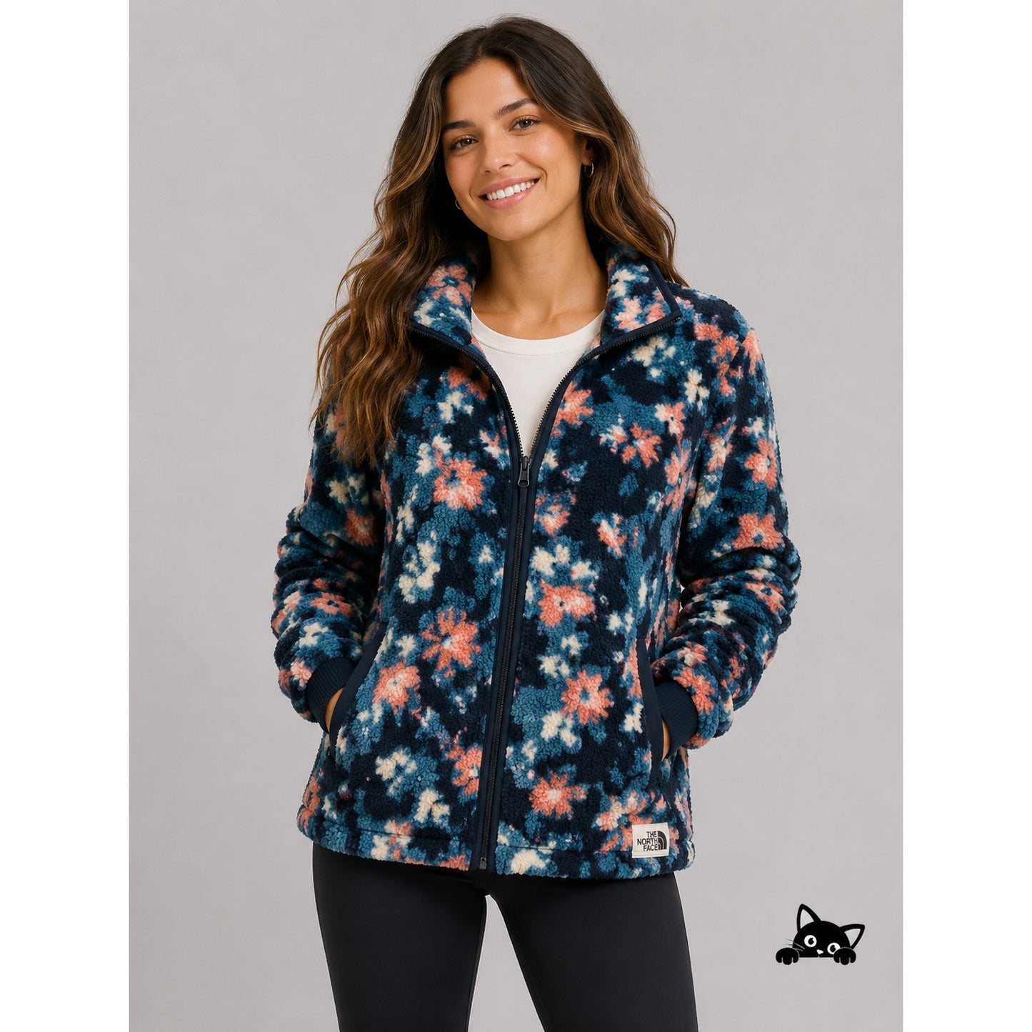 Northface Campshire Cozy Blue Peach Cream Abstract Floral Zip Fleece Jacket Med