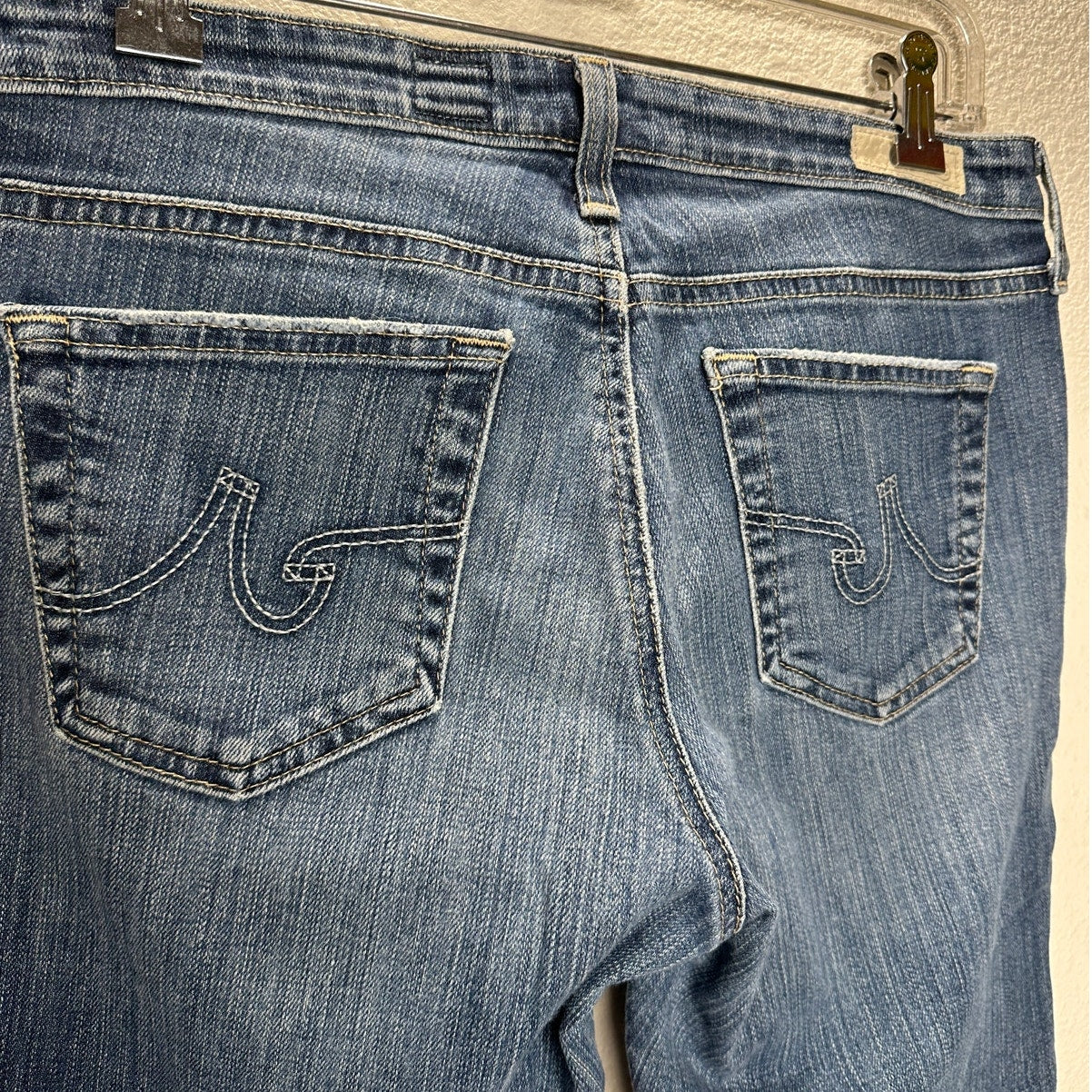 AG Medium Wash Whiskered Raw Hem Stilt Crop Cigarette Crop Jean 29