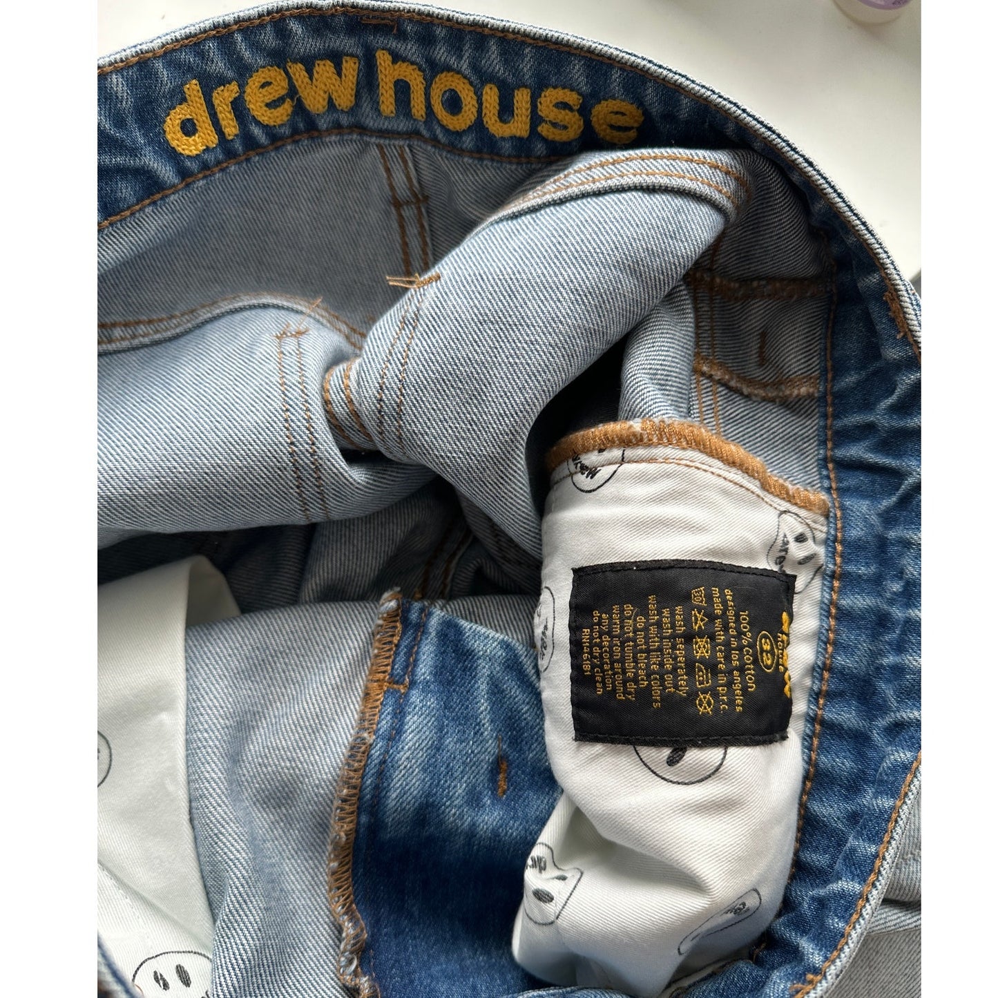 Drew House Cropped Distressed Jeans Raw Hem Corduroy Patch Blue Size 32