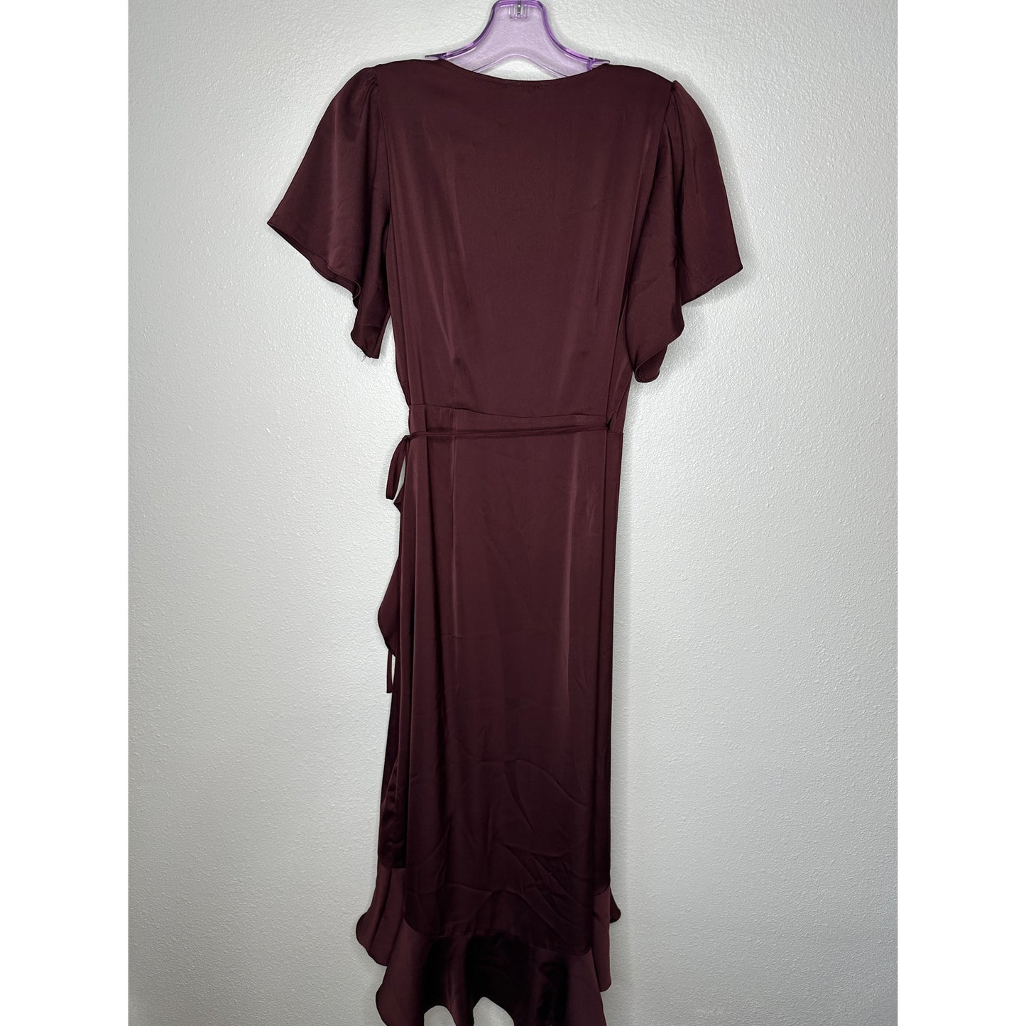 Chelsea28 Burgundy Maroon Flutter Sleeve Ruffle V-Neck Wrap Dress S