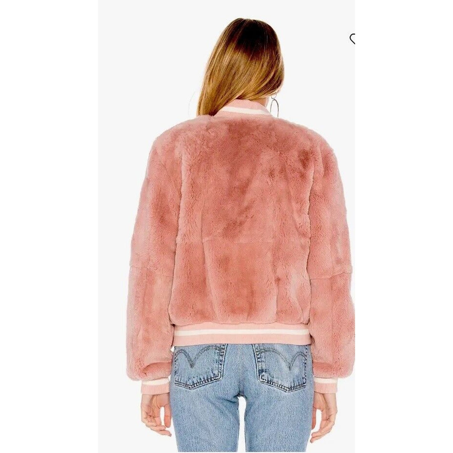 Elizabeth &James Luxe Pink Dahlia Rabbit Fur Banded Jacket Front Zip Pockets L